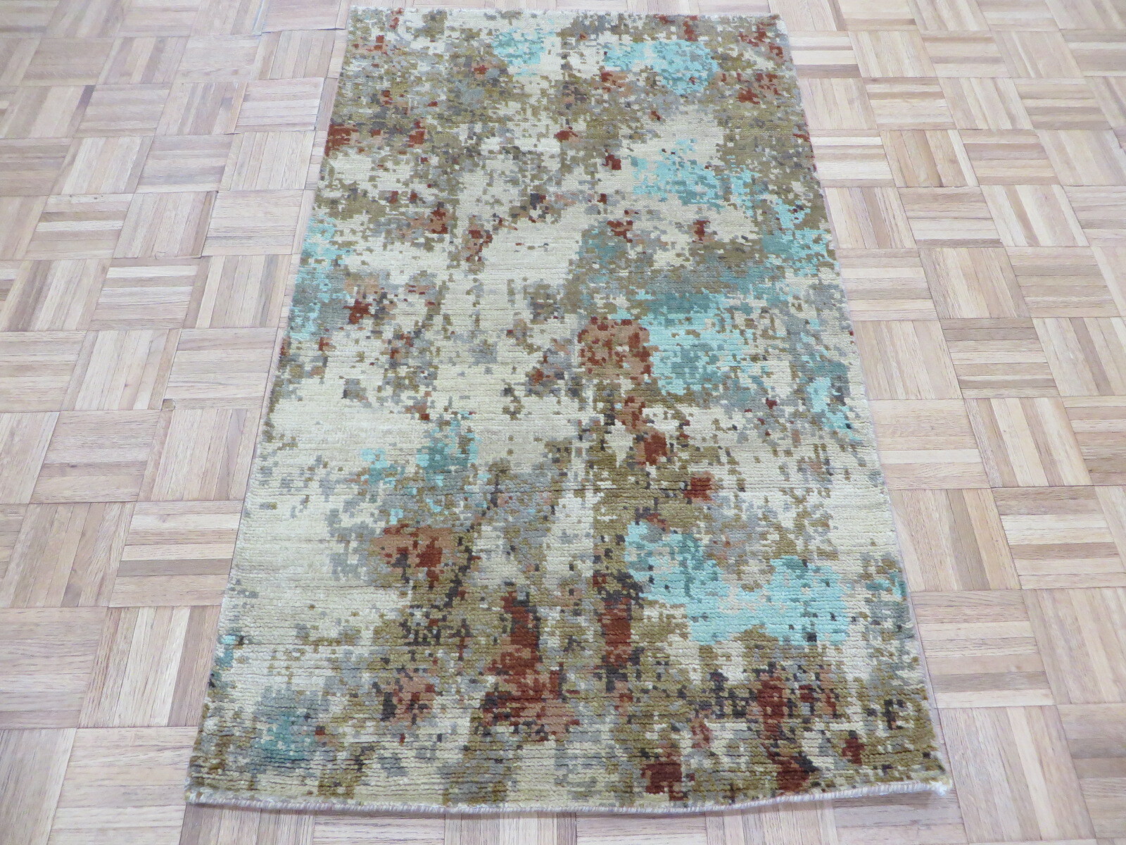 3 x 5 Hand Knotted Multi Colored Modern Abstract Oriental Rug With Silk G9422