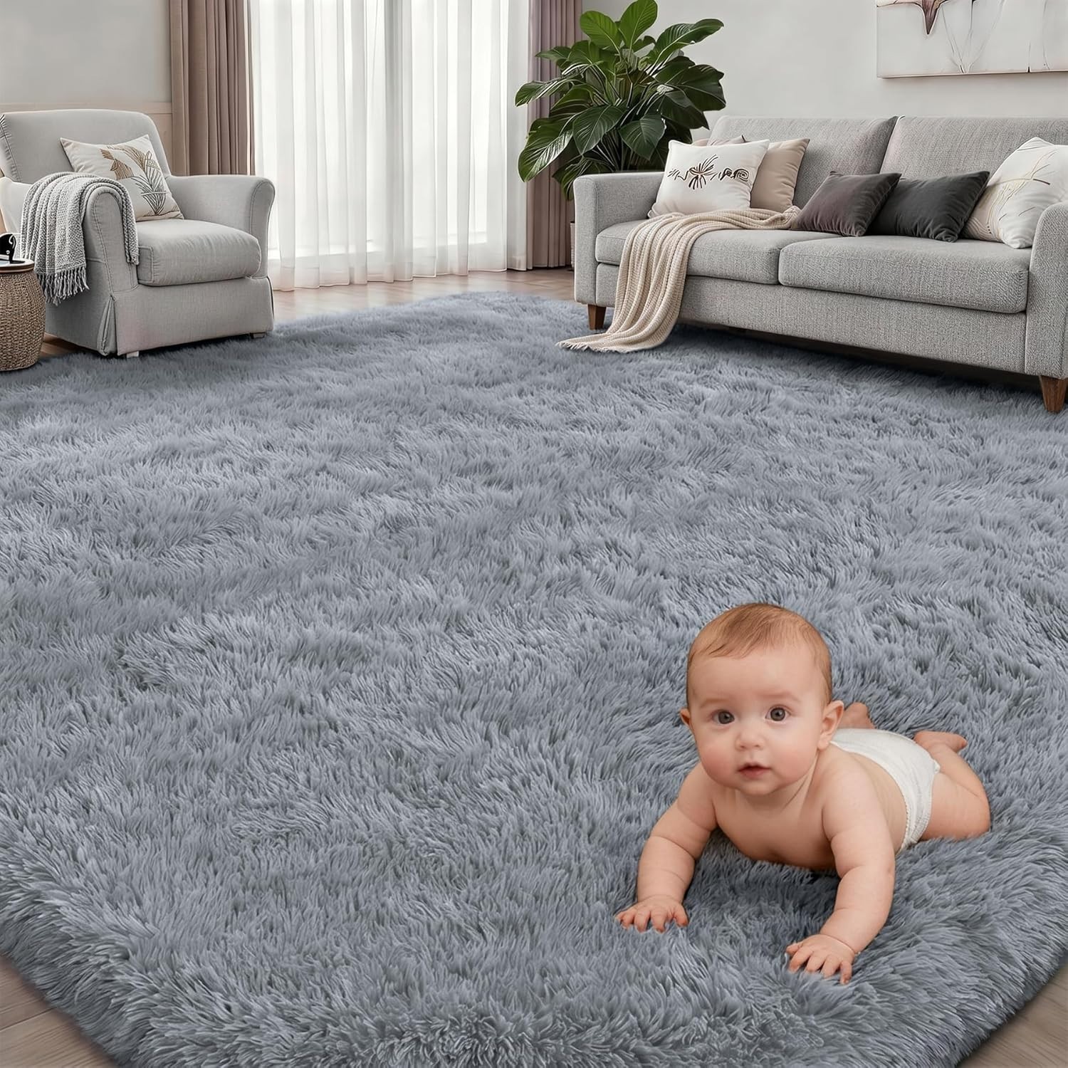 Luxury Ultra-Soft Shag Area Rug | 9×12 Plush Grey Memory Foam Living Room Carpet