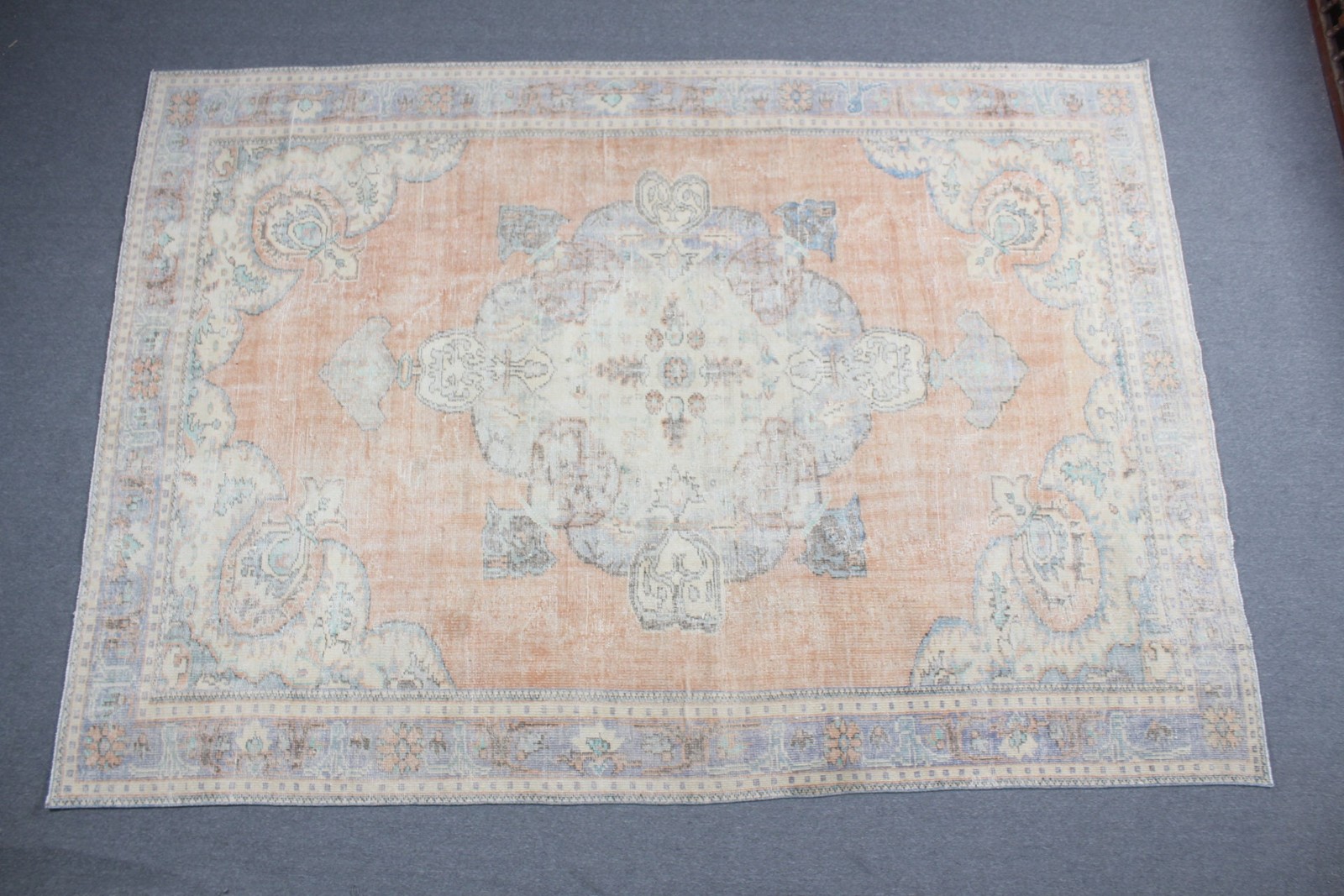Vintage Rug 7,7×11 ft, Brown Blue Oriental Wool Turkish Rug