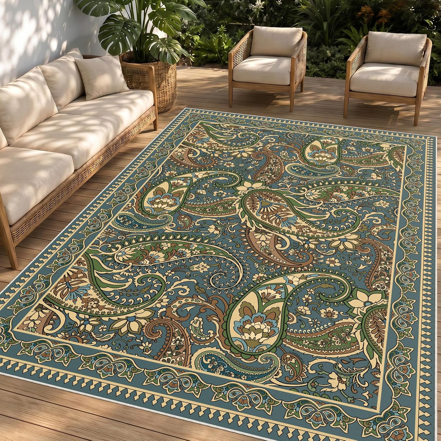 Paisley Outdoor Rug Waterproof 8X10, UV Resistant Non Slip Patio Rug, Indoor Out