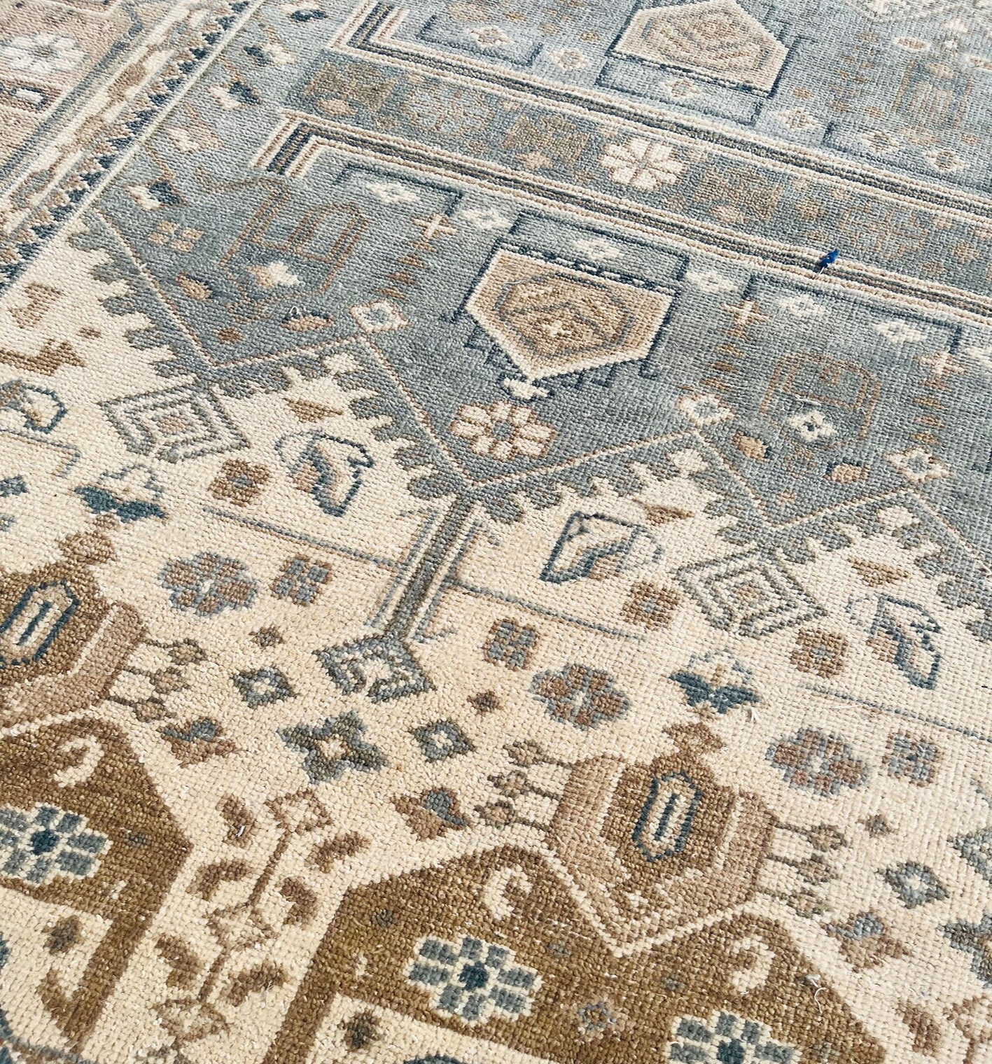 Modern Oushak Hand Knotted Floral Rug 9×12 Ivory Blue 100% Wool Carpet for Home