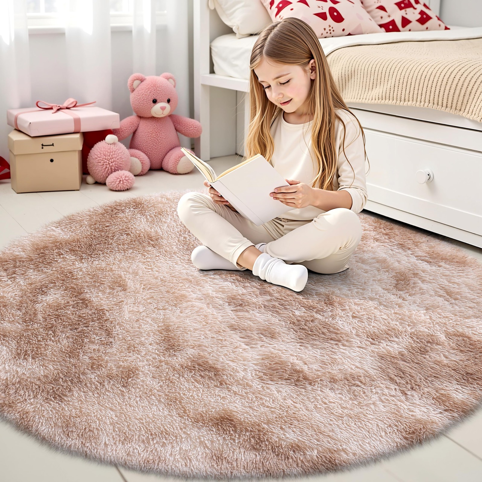 Beige Tie-dye Round Rugs for Bedroom – Machine Washable, 4×4 Feet Circle Area…