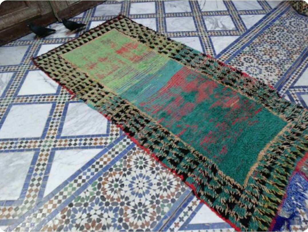 Vintage Moroccan Rug Azilal 4’x 8.5’ Teal Green checkerboard border 1960s