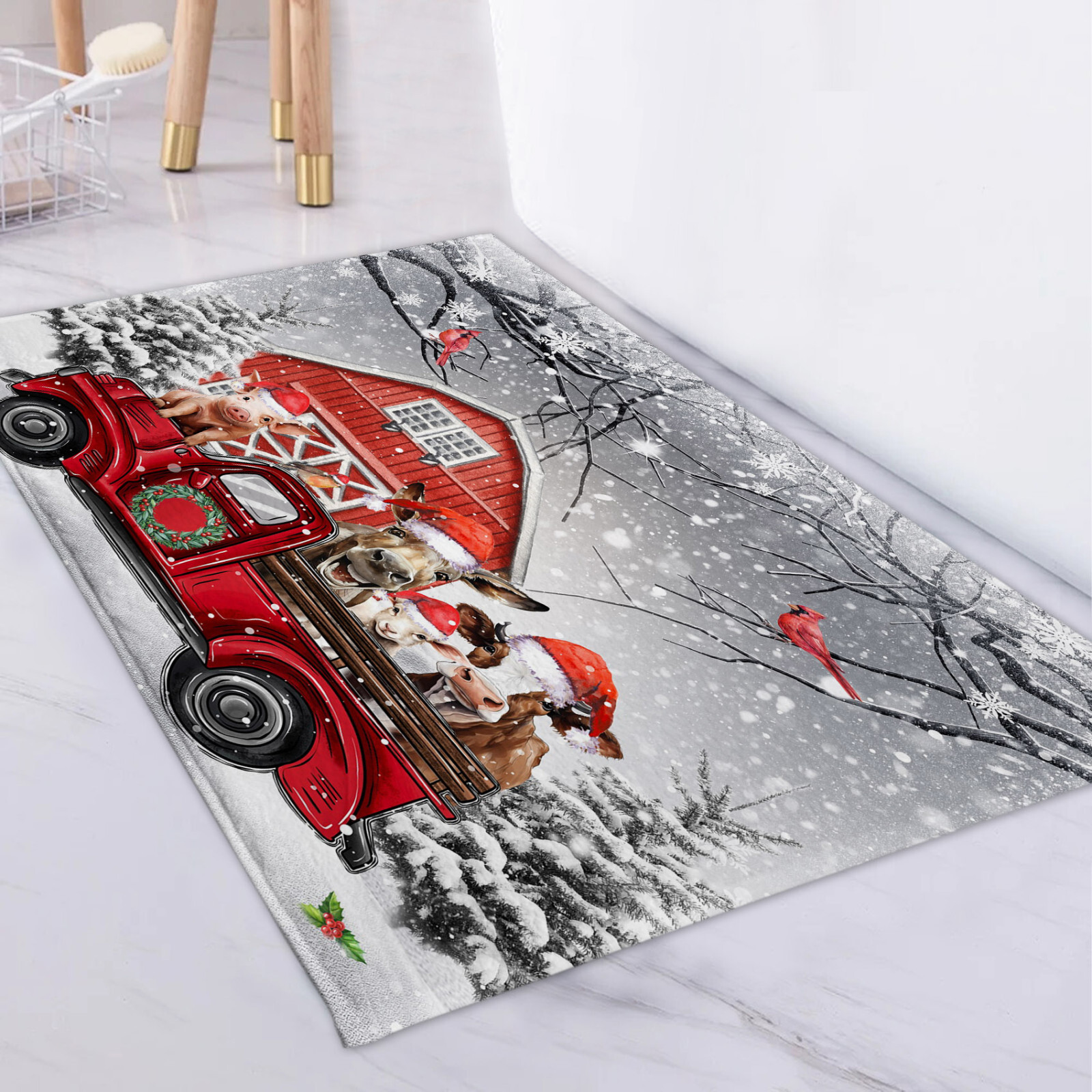 Winter Farm Animal Cow Christmas Bath Mat for Bathroom Mat Bath Rug Doormat