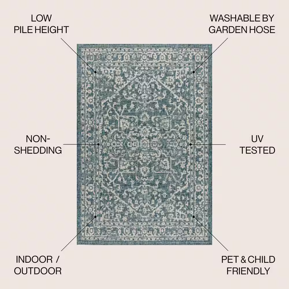 Malta Bohemian Medallion Teal/Gray 5 Ft. 3 In. X 7 Ft. 7 In. Textured Weave Indo