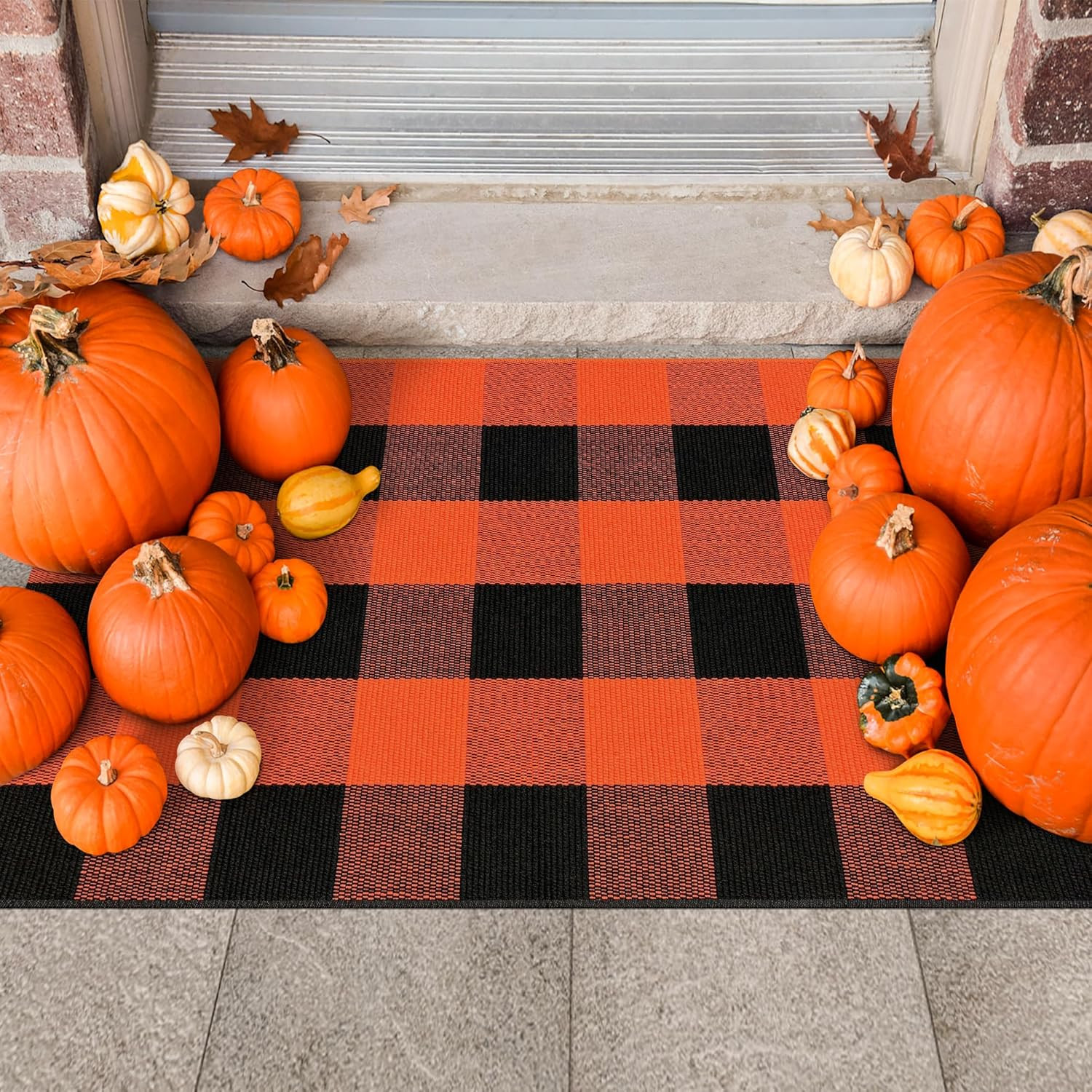 Buffalo Plaid Outdoor Rug Orange and Black 2X3 Cotton Woven Checkered Area Rug W
