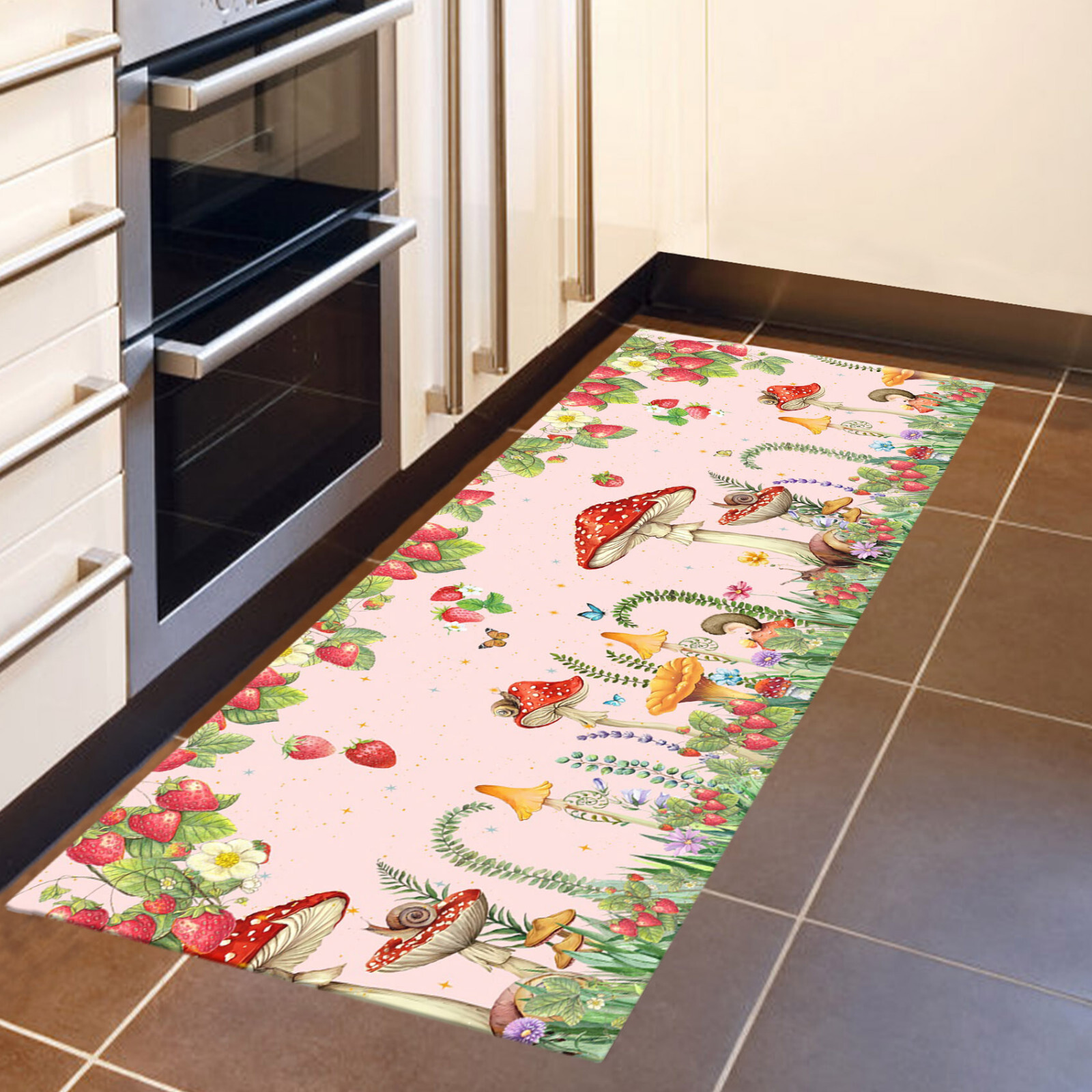 Mushroom Red Strawberry Wildflower Pink Kitchen Mats for Floor Washable Rugs