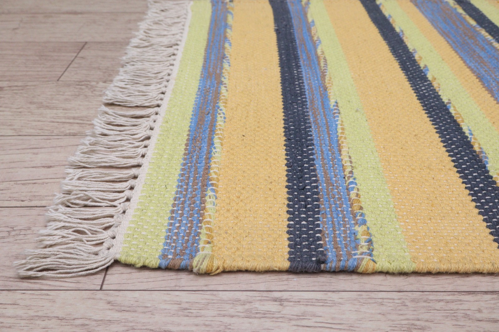 Handmade Flat Weave Kilim Rug Striped Yellow Blue Green Cotton Fringe 60×50 cm