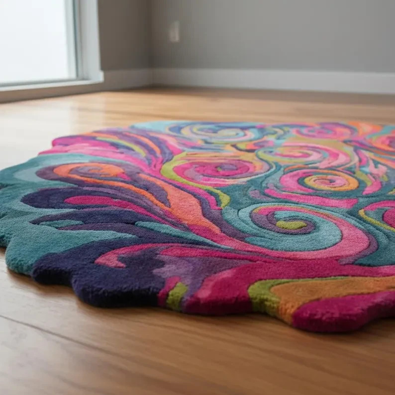 Colorful Abstract Hand Tufted Rug, Psychedelic Funky Swirl Modern Art Statement