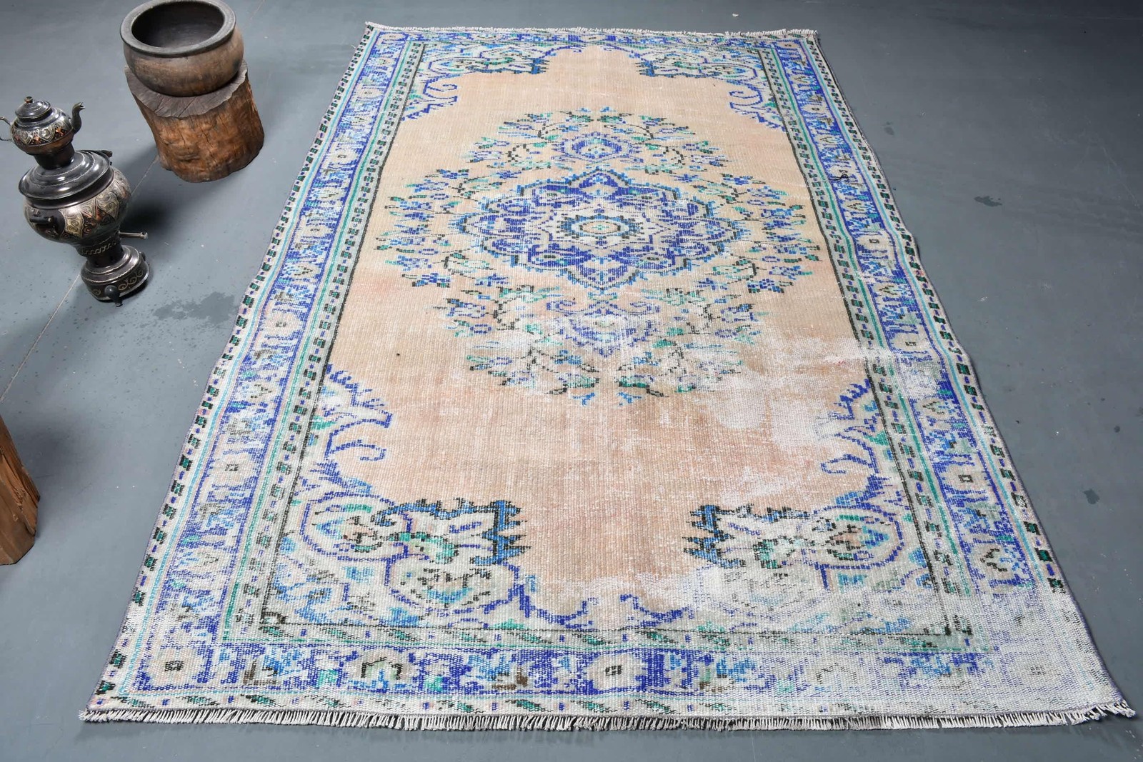 Turkish Large Rug, 5,3×8,2 ft Vintage Rug, Blue Wool Rug