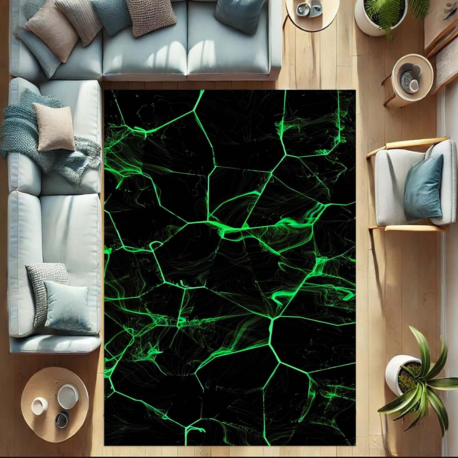 Futuristic Neon Design, Electric Green Network Pattern, Sci-Fi Home Accent, Bold