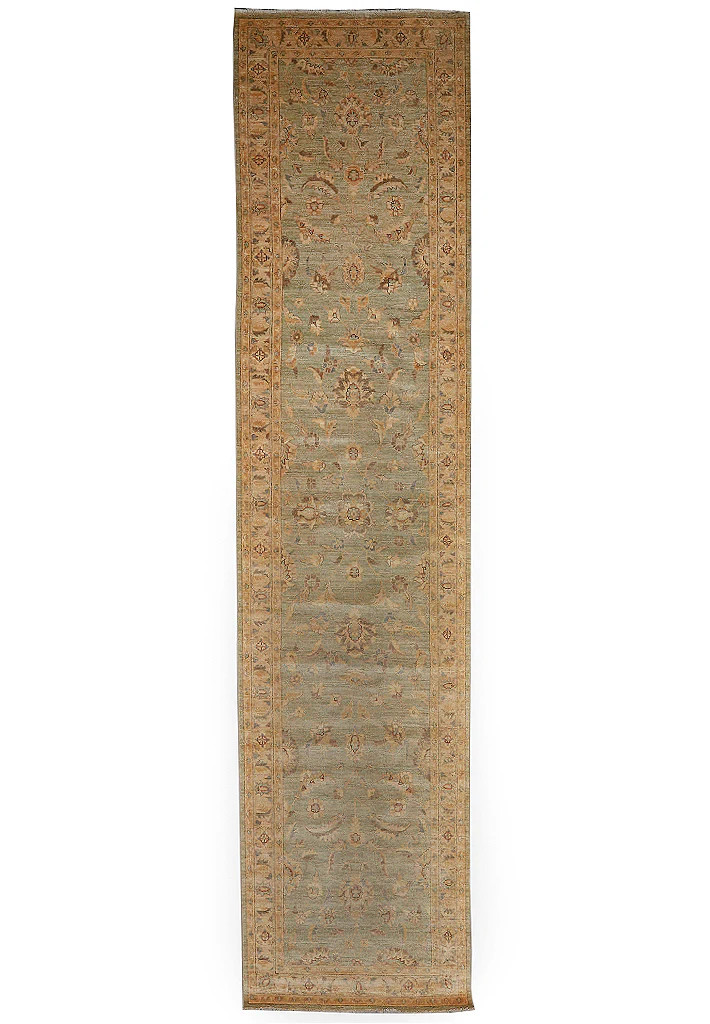 4.1 x 17.5 Long Wide Runner Chobi Peshawar Pakistan Washout Green #F-4368
