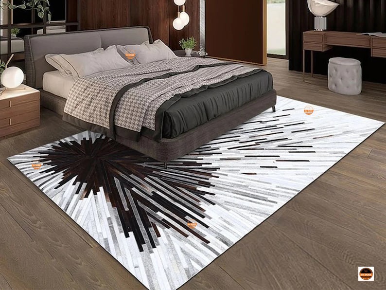 Luxury Hand Knotted Leather Patchwork Area Rug Modern Geometric Room Decor