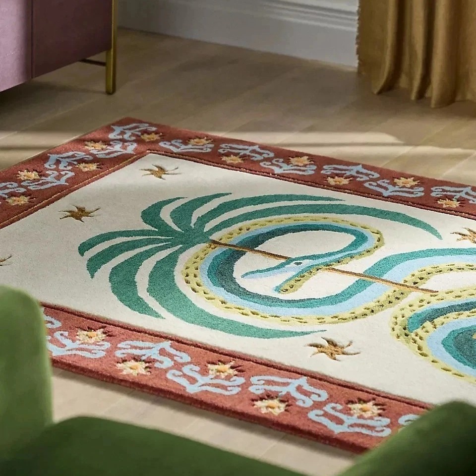 Beige Wool Area Rug 8×10 Hand Tufted Palm Tree Snake Design Vintage Handmade Rug