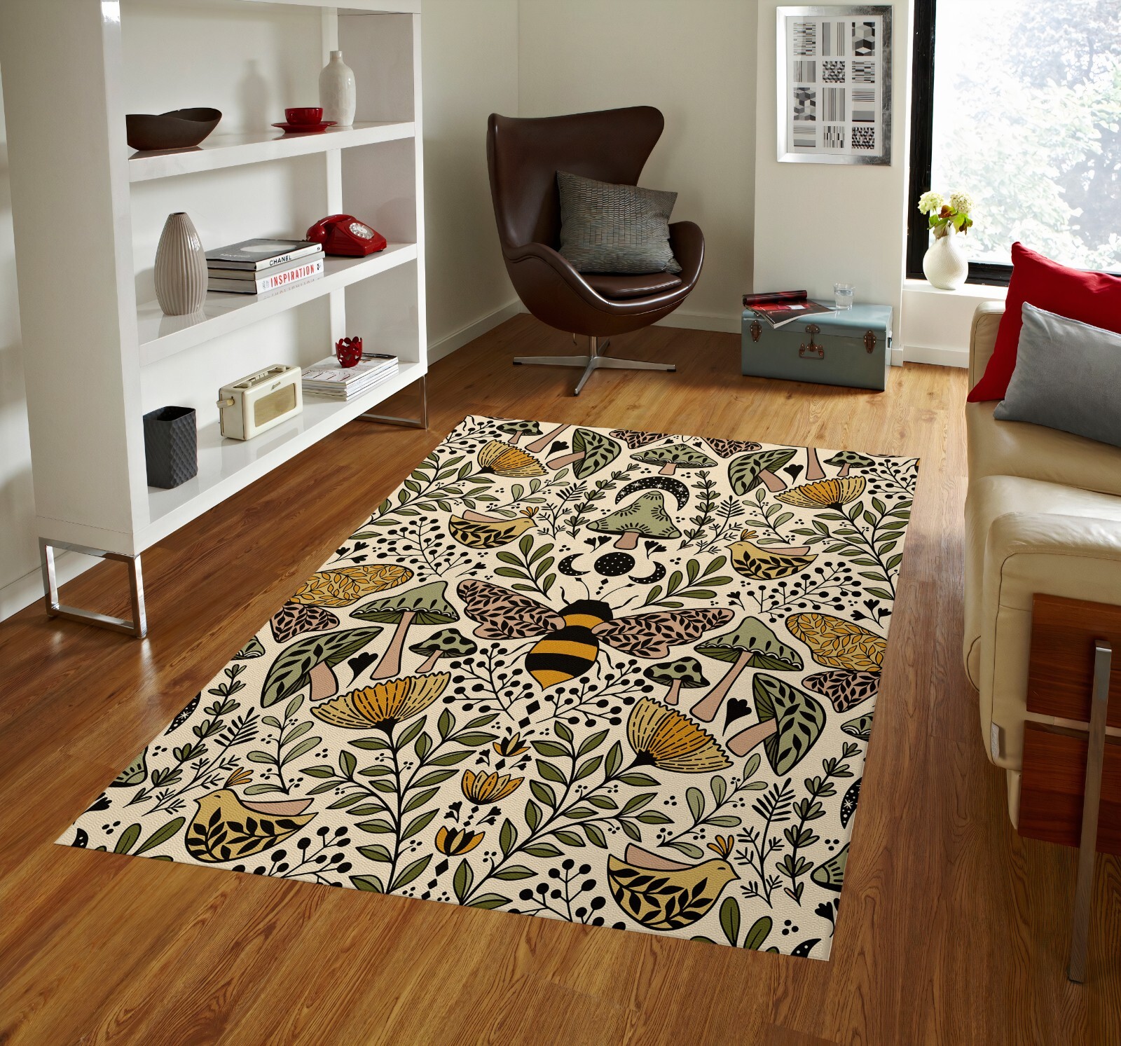 Bee rug, floral rug, beige rug, flower rug, forest rug