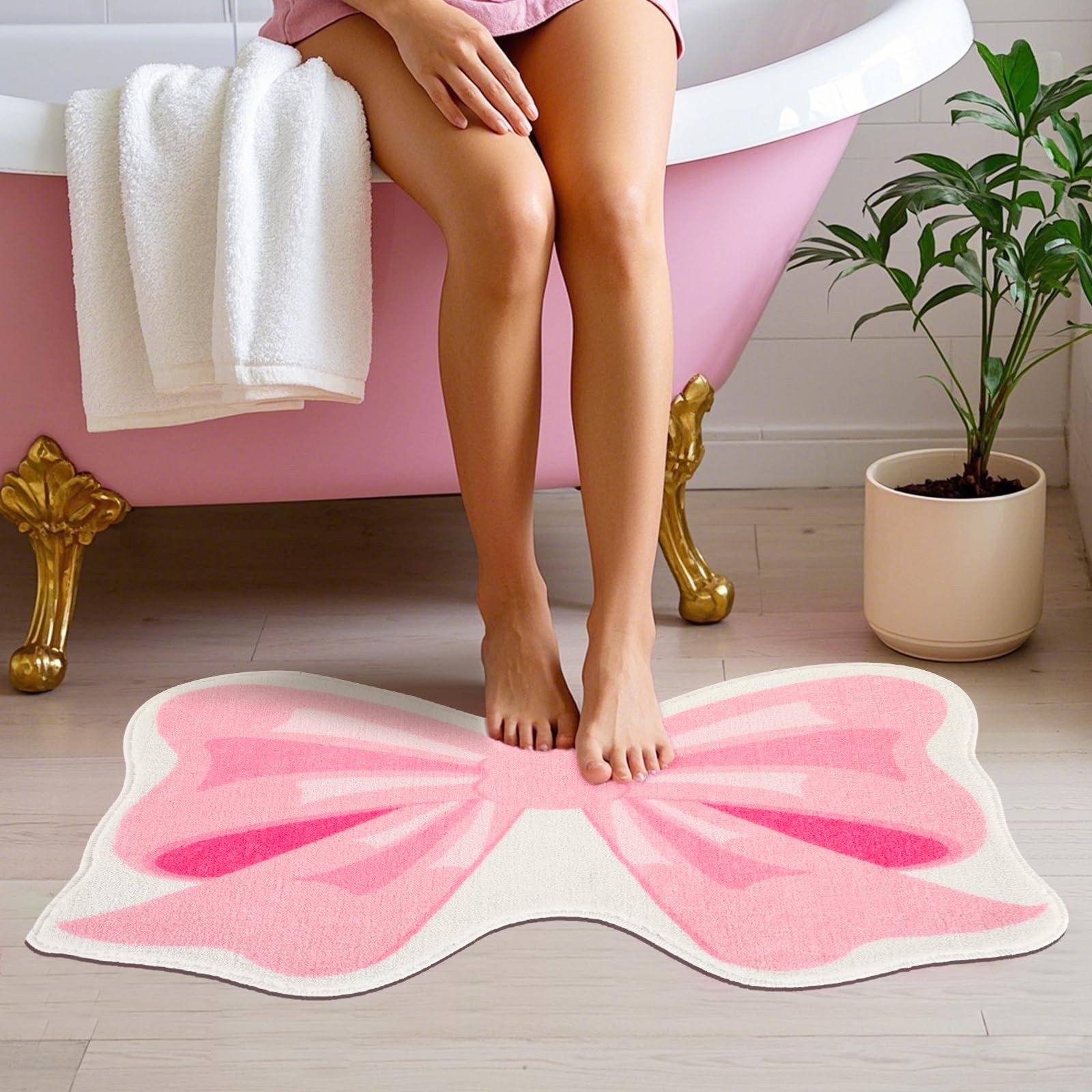 Pink Bow Bathmat Rugs, Non Slip Coquette Bow Cute Aesthetic Carpet, Cute Room…
