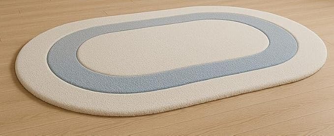 Modern Oval Area Rug, Hand Tufted Wool Carpet for Living Room, Cream and Blue