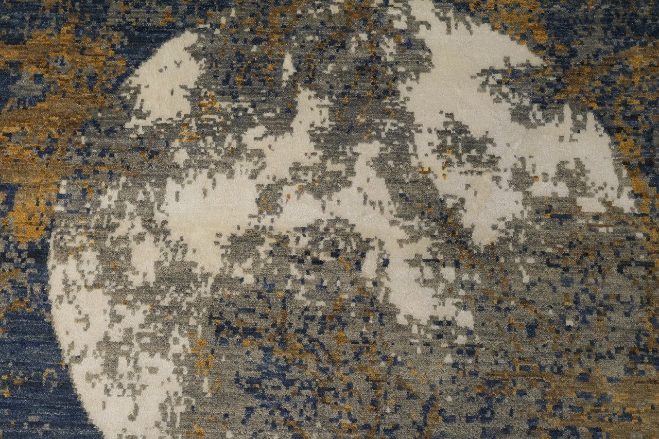 4×6 Abstract Area Rug Hand Knotted Wool Silk in Blue & Gold Brown Hues