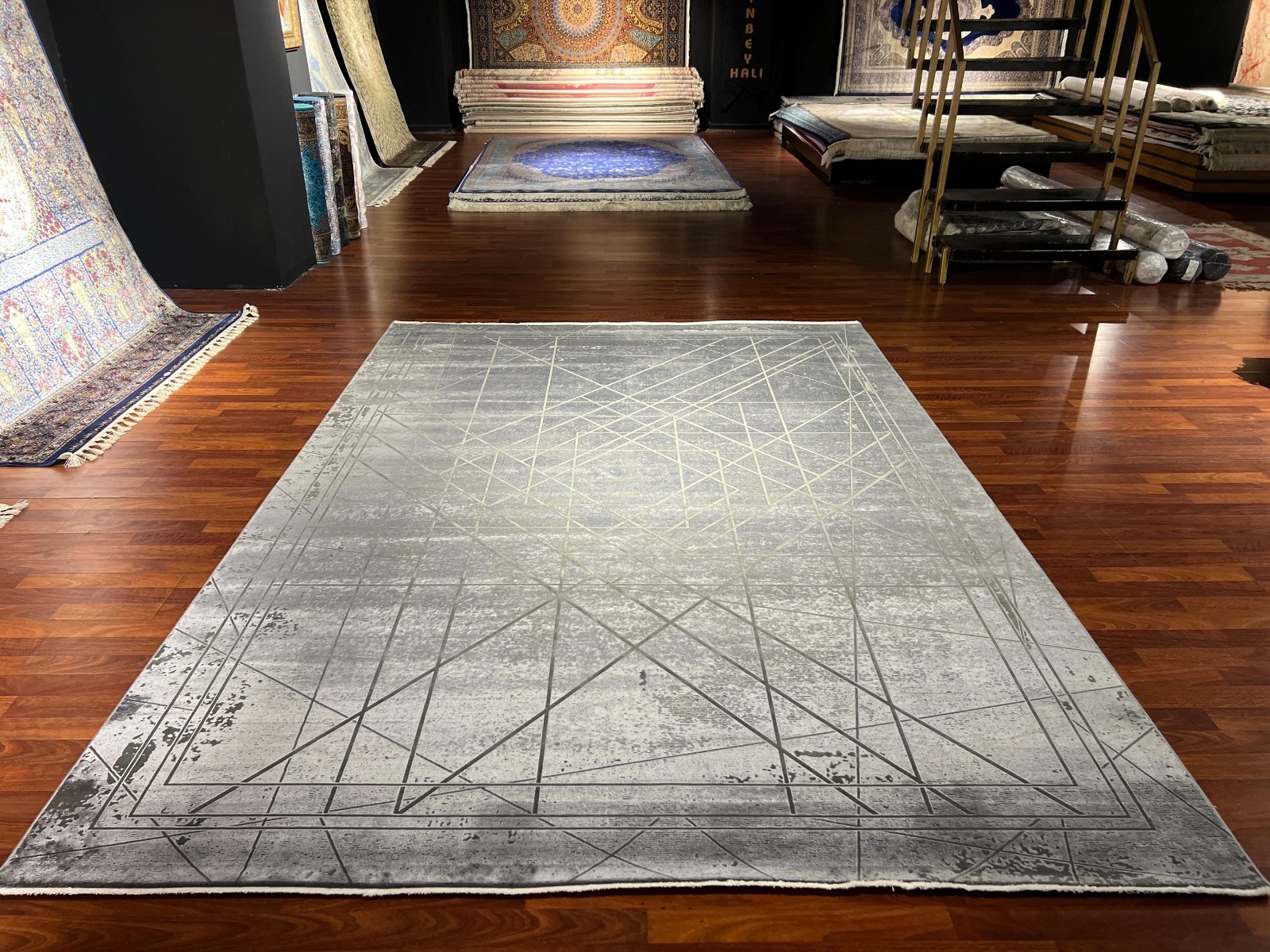 7×10 ft Gray Silver Bamboo Acrylic Area Rug Modern Geometric Living Room Carpet