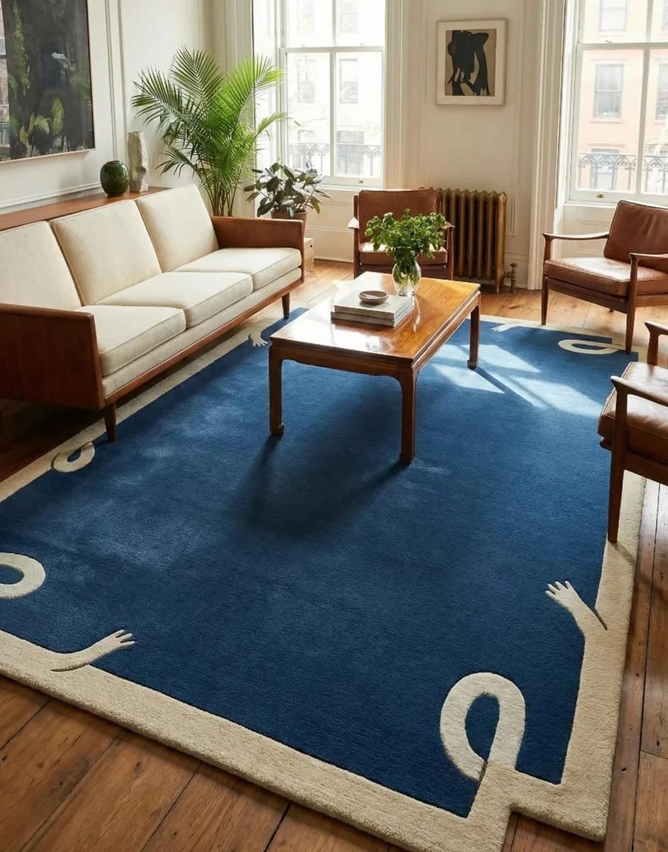 Hand Tufted Blue Wool Area Rug | Modern Abstract Border Rug | Luxury Living Room