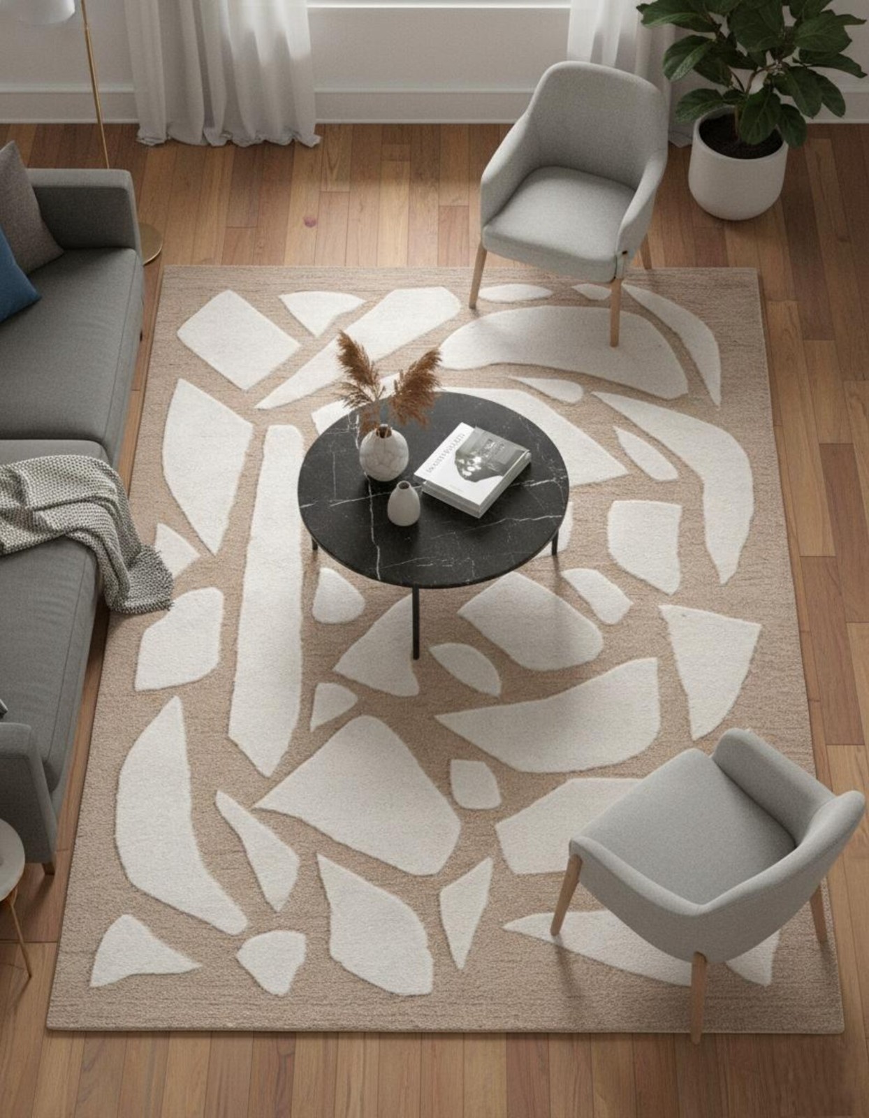 Hand Tufted Abstract Rug, Beige White Modern Area Rug, Neutral Geometric Carpet.