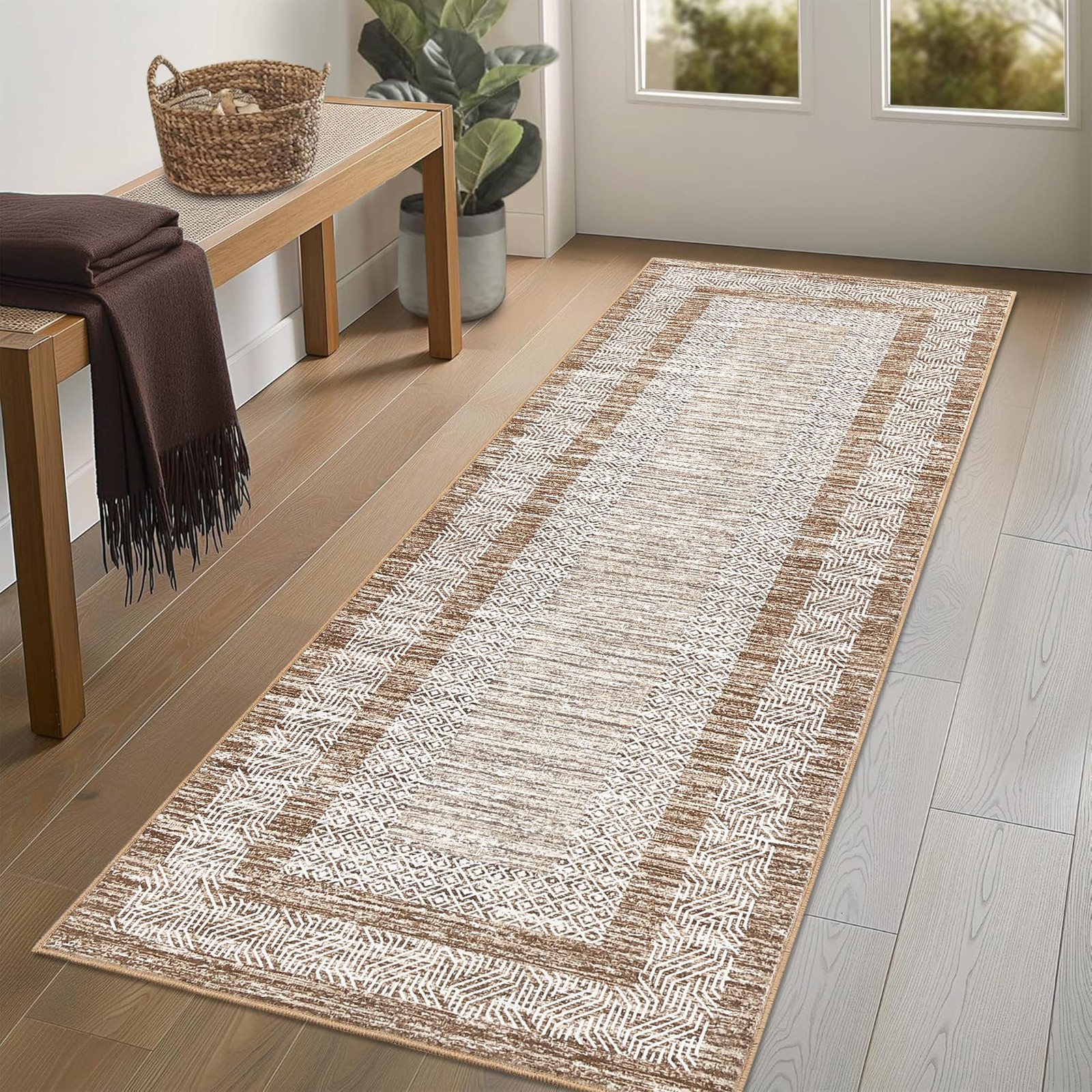 2×6 Modern Bordered Runner Rug Soft Non Slip Runner Washable Non Shedding Flo…