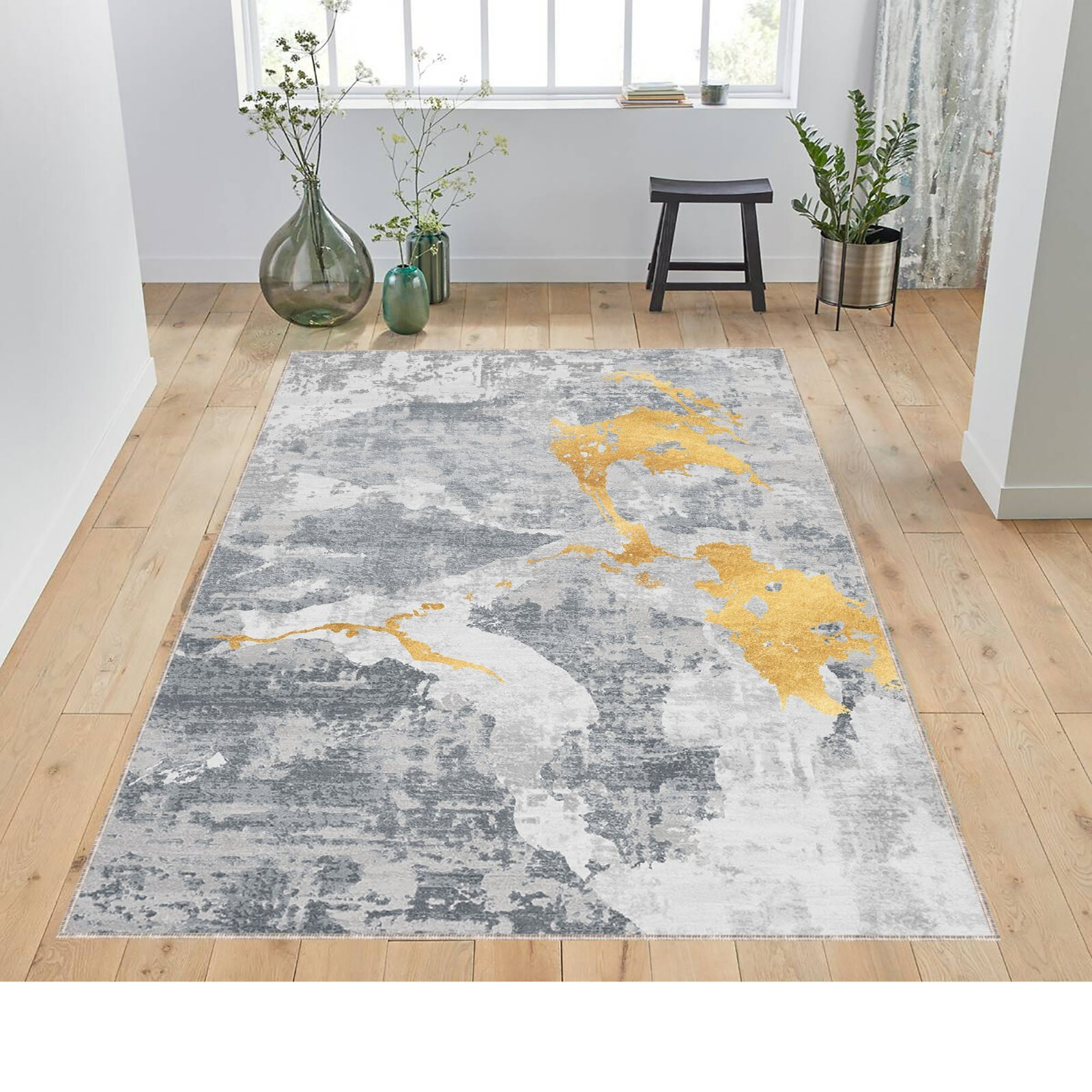 Modern Abstract Rug, Yellow Gray Artistic Pattern Carpet, Contemporary Home Deco