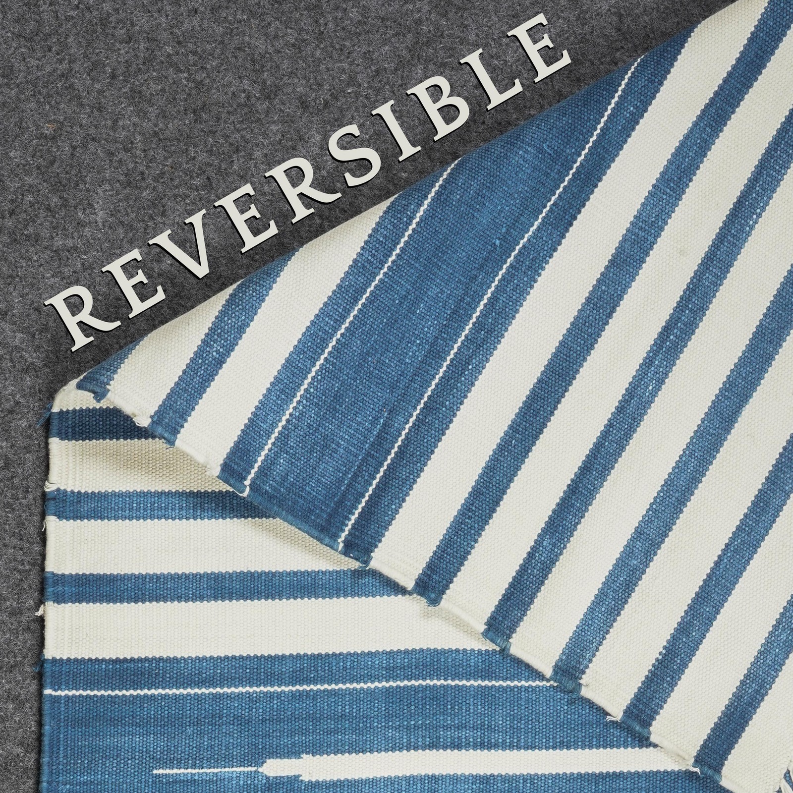 Handwoven Pitloom Cotton Rug 4×6 Blue White Striped Reversible Indian Dhurrie
