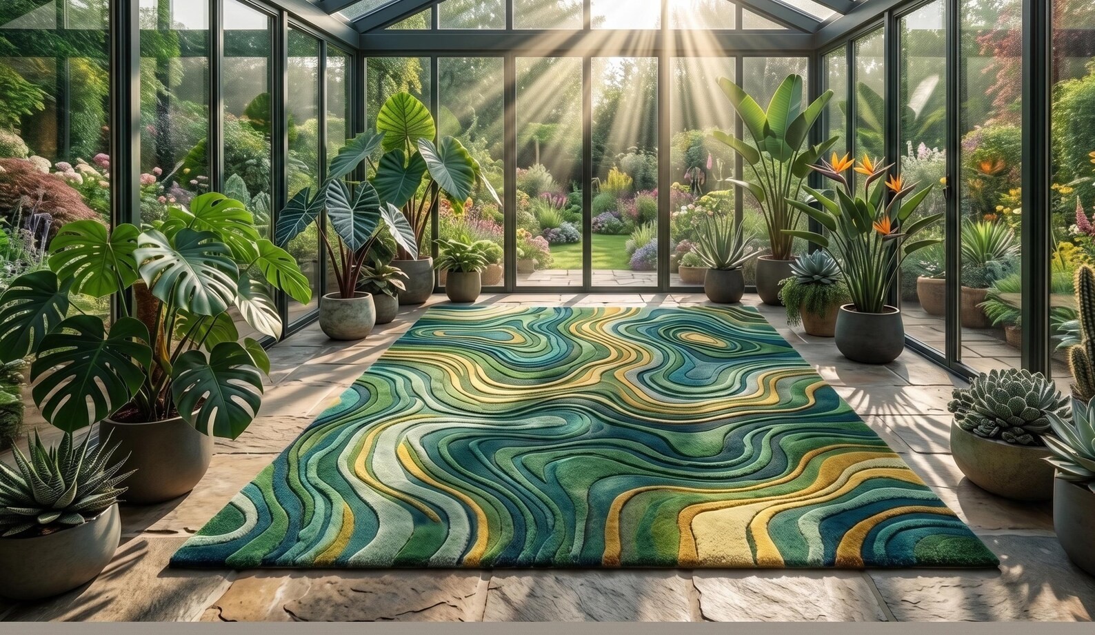 Modern Solid Forest Green Area Rug | Deep Teal Mustard Organic Swirl Living Room