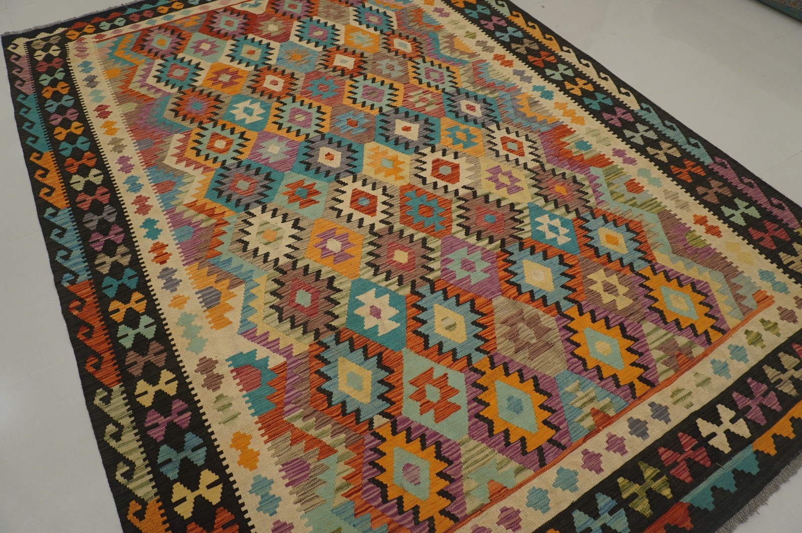 8×11 ft Black Afghan Handmade Geometric Wool Kilim Area Rug (8’3″x11’5″)