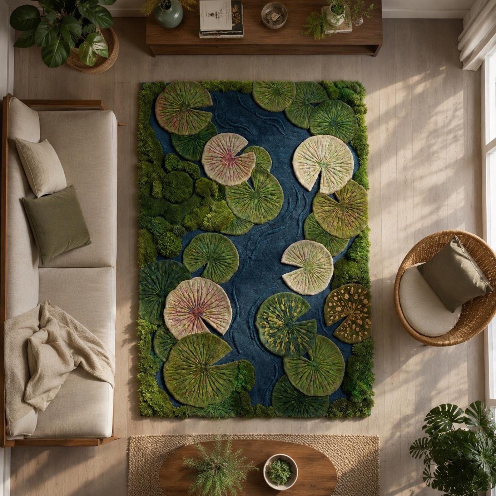 Hand Tufted Moss Botanical Pond Floor Mat, Texture Carpet, NZ Wool Rug Design
