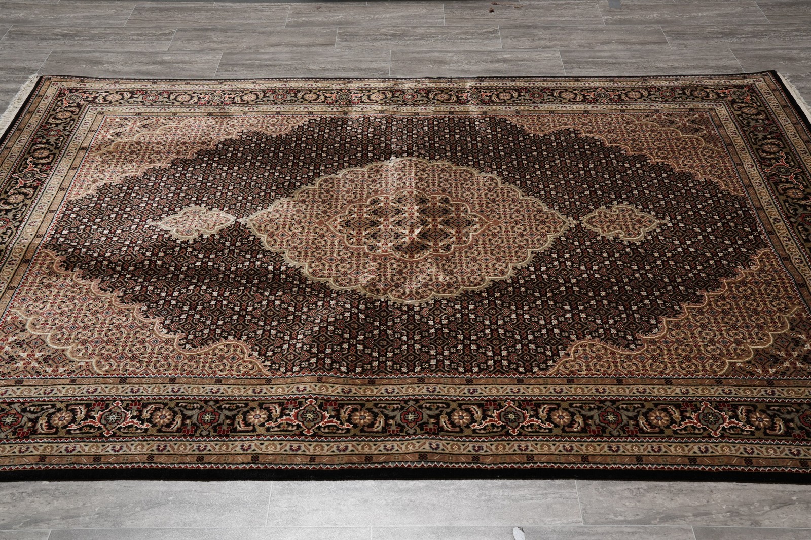 5.5 x 8 Black Tabriiz Mahii Wool and Silk Handmade Rug #F-4454