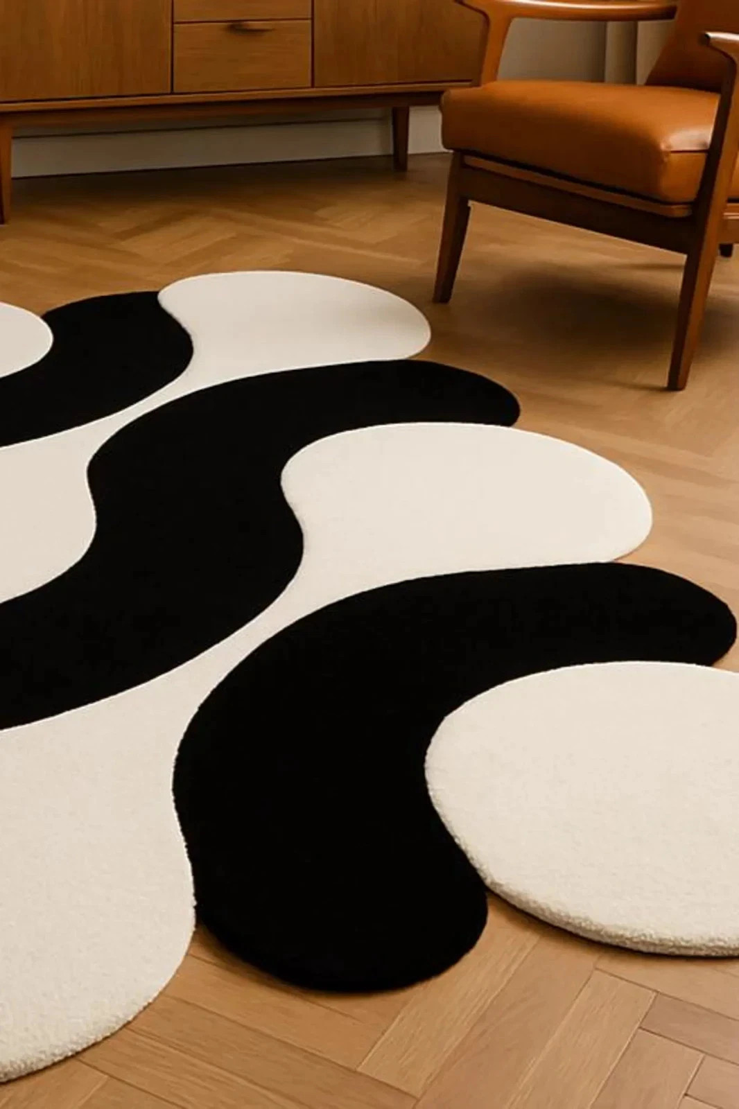 Modern Abstract Black and White Wavy Rug Irregular Contemporary Carpet