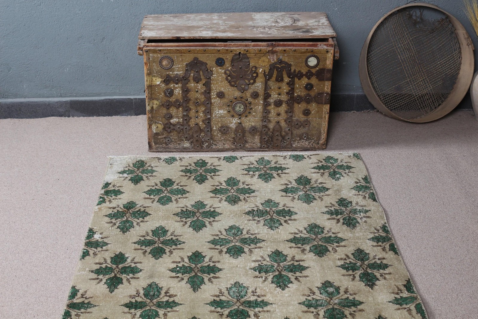Vintage Turkish Rug, 3,7×6,6 ft Rug, Green Brown Oriental Wool Rug
