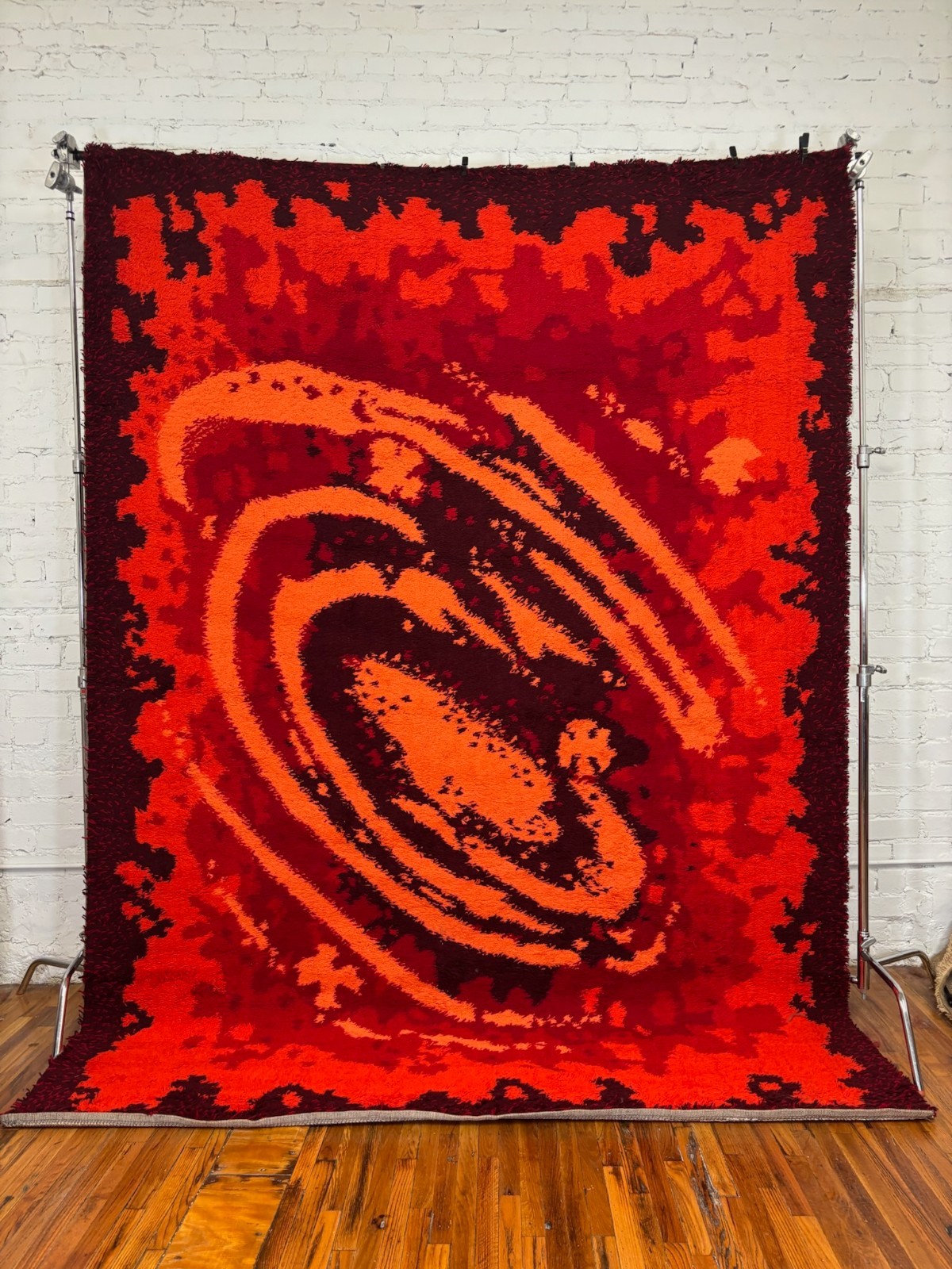 70s Red Black Geometric Scandinavian UNUSED Rya Rug Galaxy Mid Century Wool