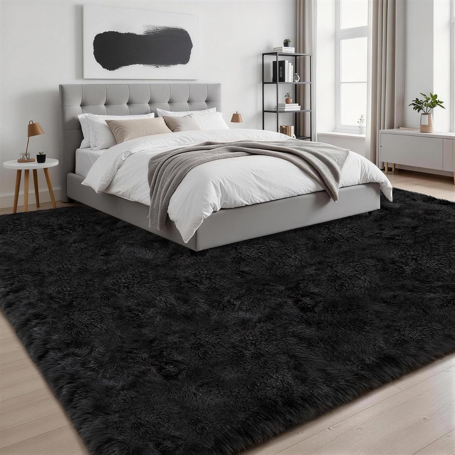 Luxury Ultra-Soft Shag Area Rug 9×12 Plush Black Memory Foam Living Room Carpet
