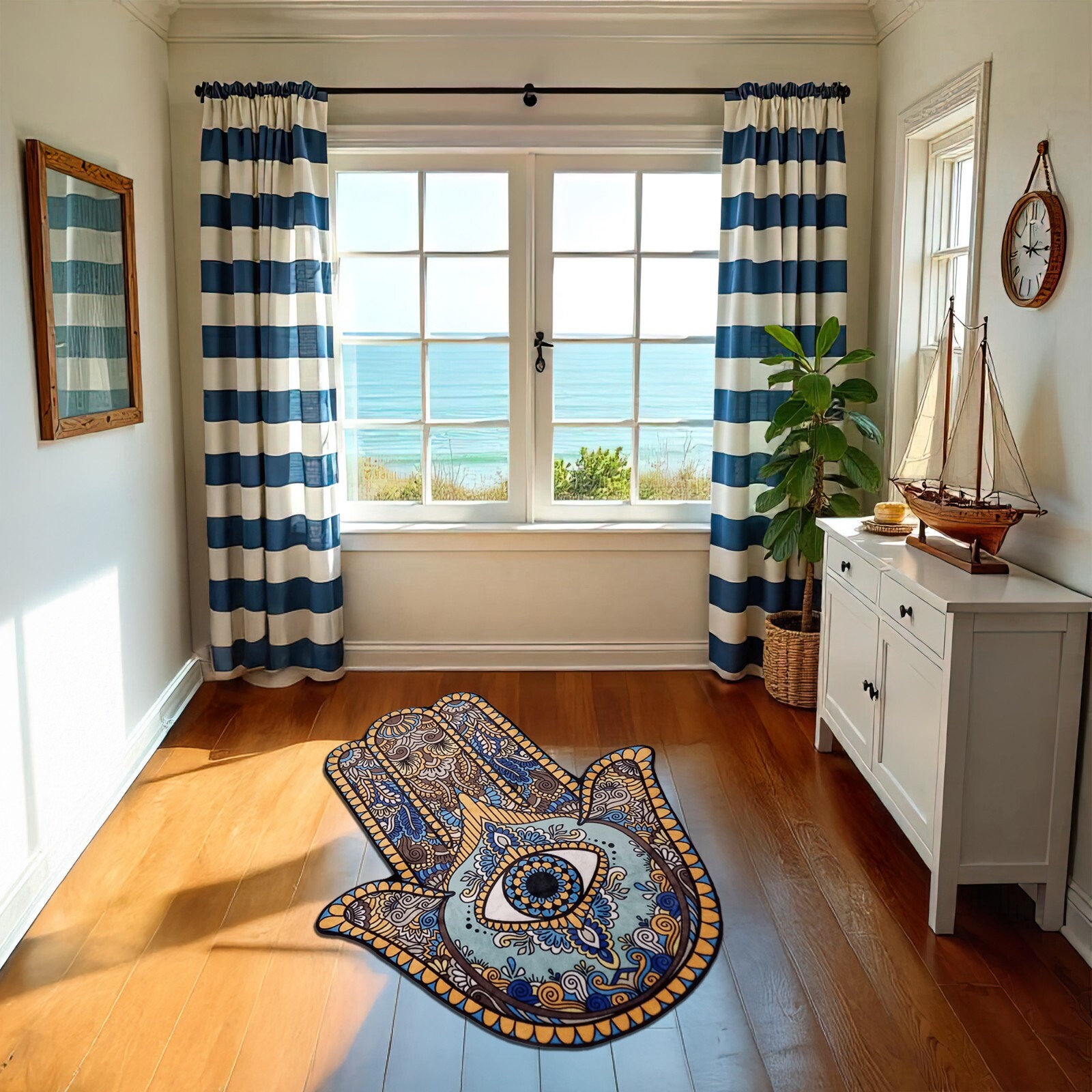 Hamsa Hand Rug Evil Eye Carpet Irregular Shape Fatima Boho Spiritual Decor Mat