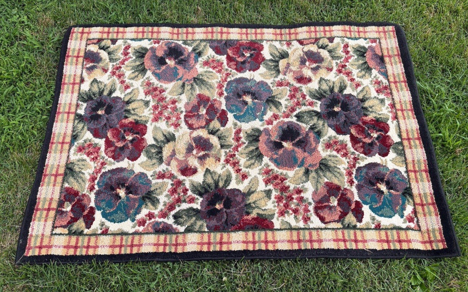 Floral Accent Area Rug Burgundy Teal Green Cream Plaid Border Cottage 55 x 38 In