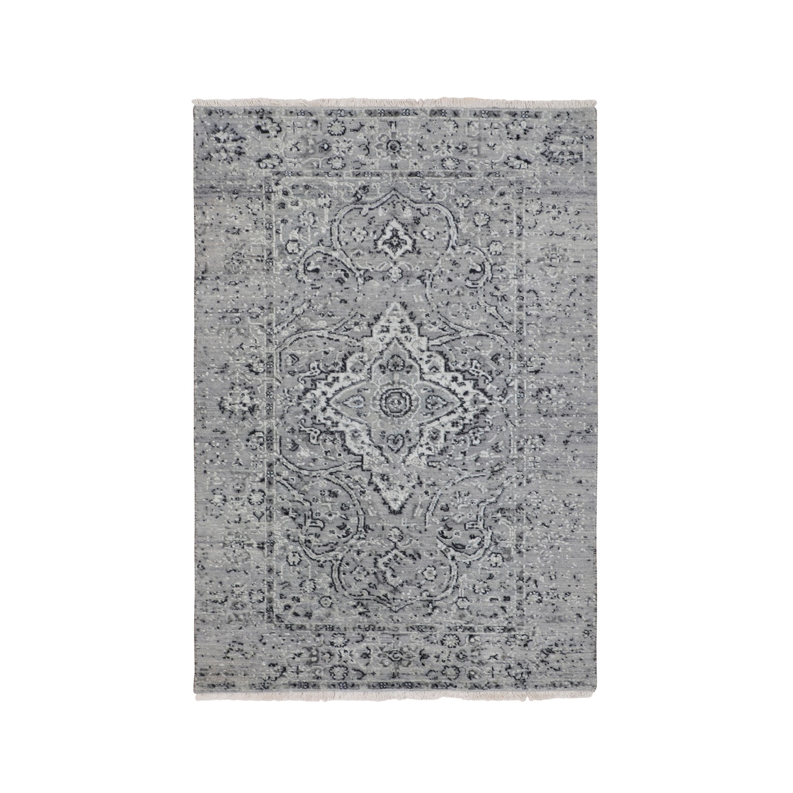 3’1″x5’1″ Gray Farsian Silk With Textured Wool Hand Knotted Oriental Rug R58104