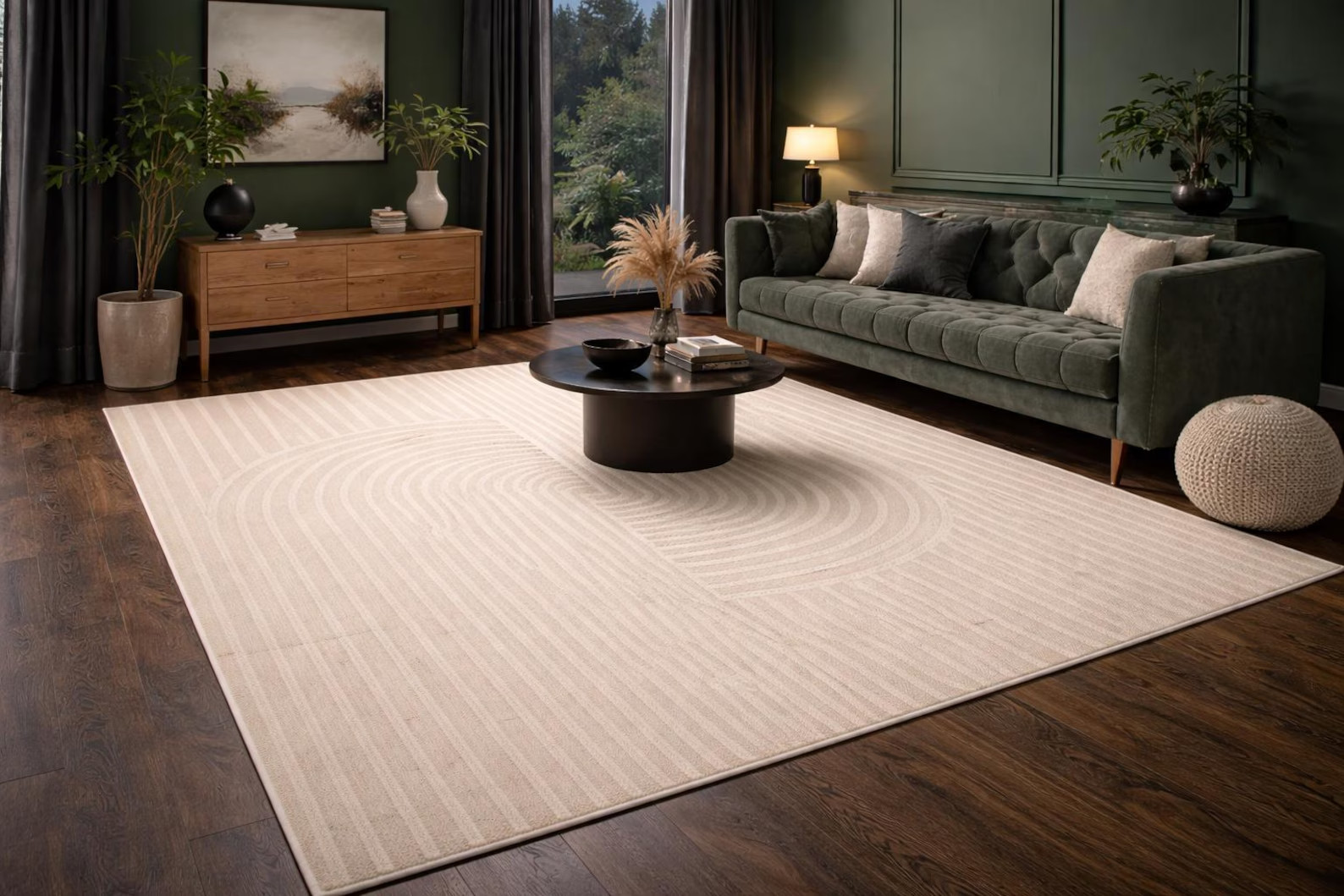 Hand Tufted Wool Area Rug Ivory, Beige Geometric Arch, Modern Design Area Rug.