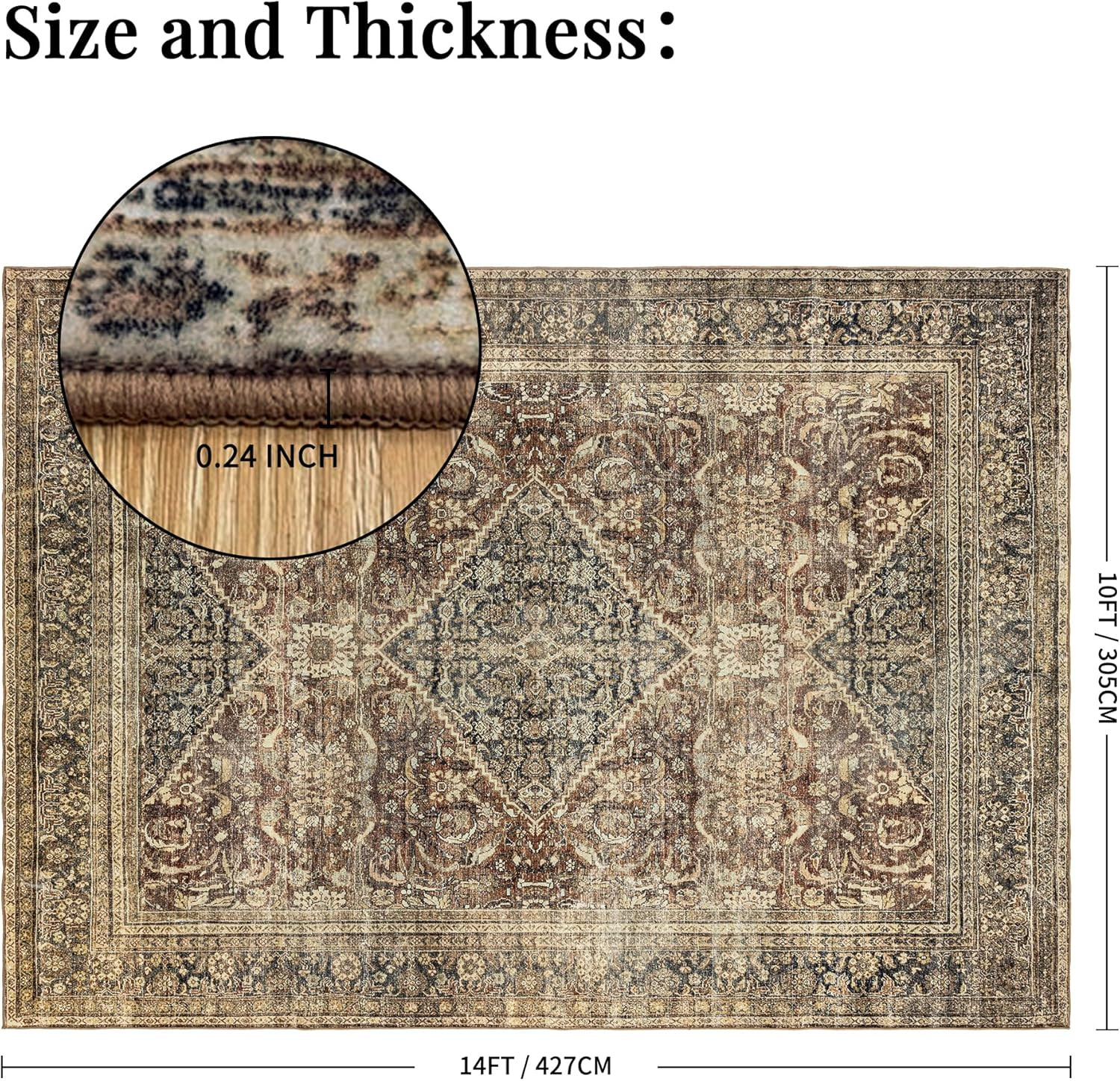 Vintage Brown Washable Area Rug 10X14 – Soft Non-Slip Carpet for Home Decor