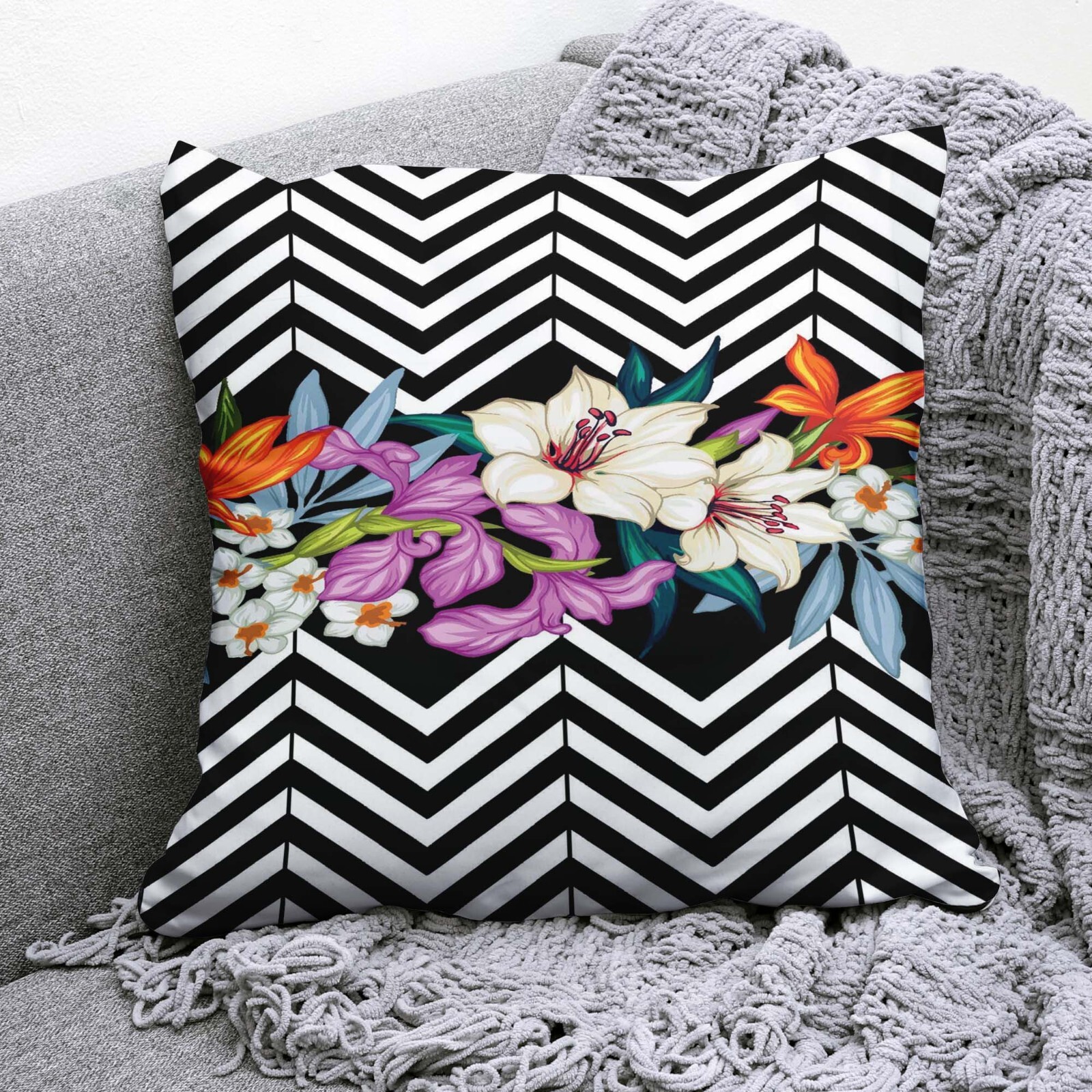 Floral Pillow Cover, Modern decor, Striped cushion, Black white art, Bold flower