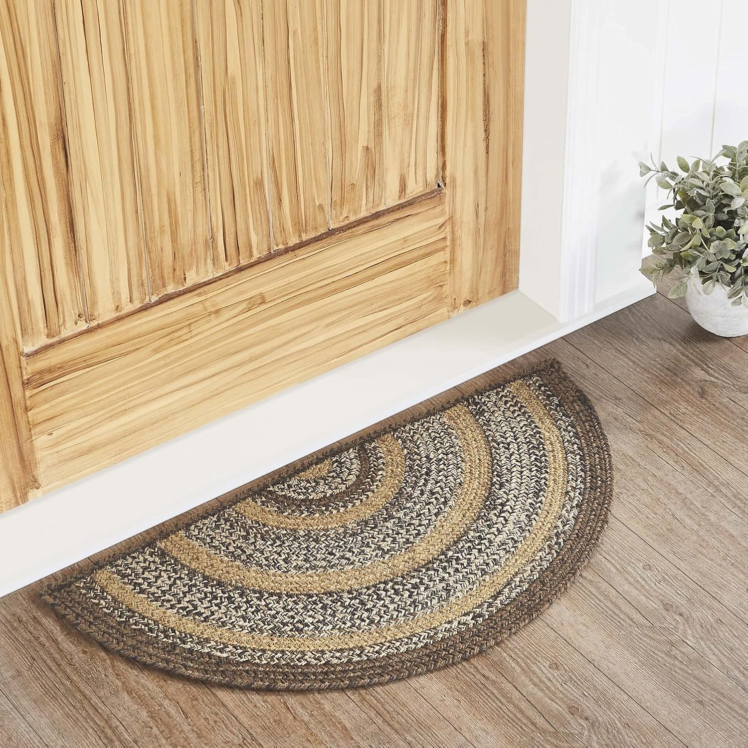 Espresso Rug with PVC Pad, Jute Blend, Half Circle, Brown Black Tan White, 16.5X