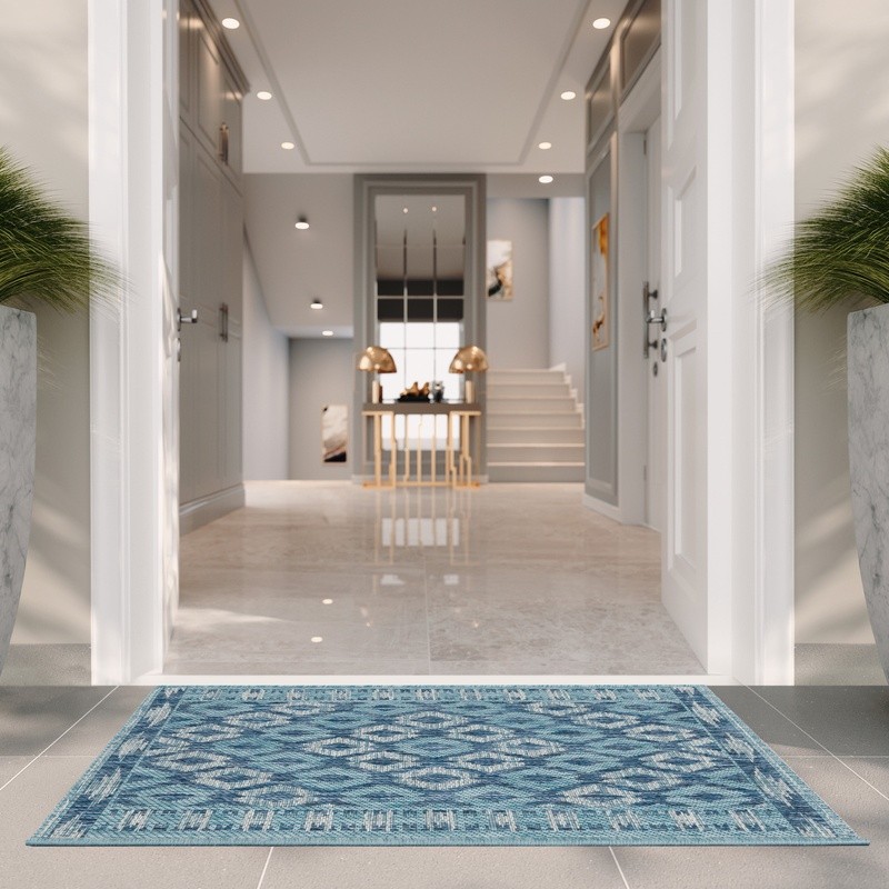 Waterproof Outdoor Area Rug Geometric Design Low Pile Synthetic Fiber Mat New