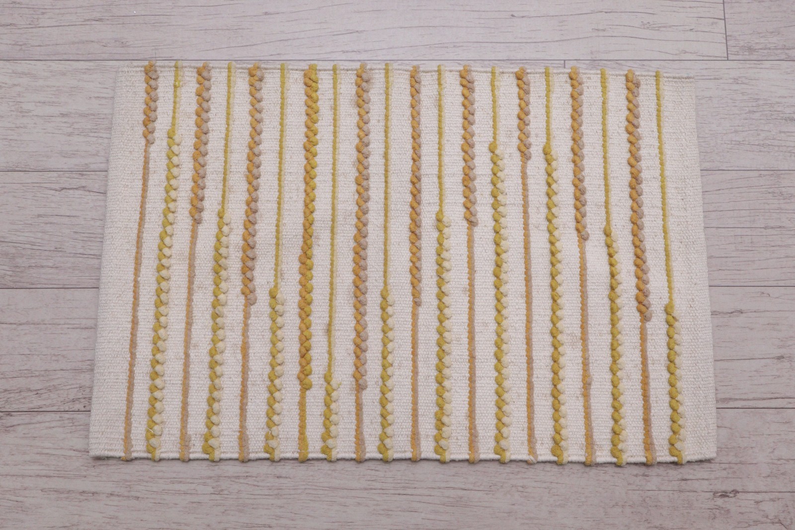 Handmade Off-White Cream Yellow Striped Textured Bubble Weave Cotton Area Rug