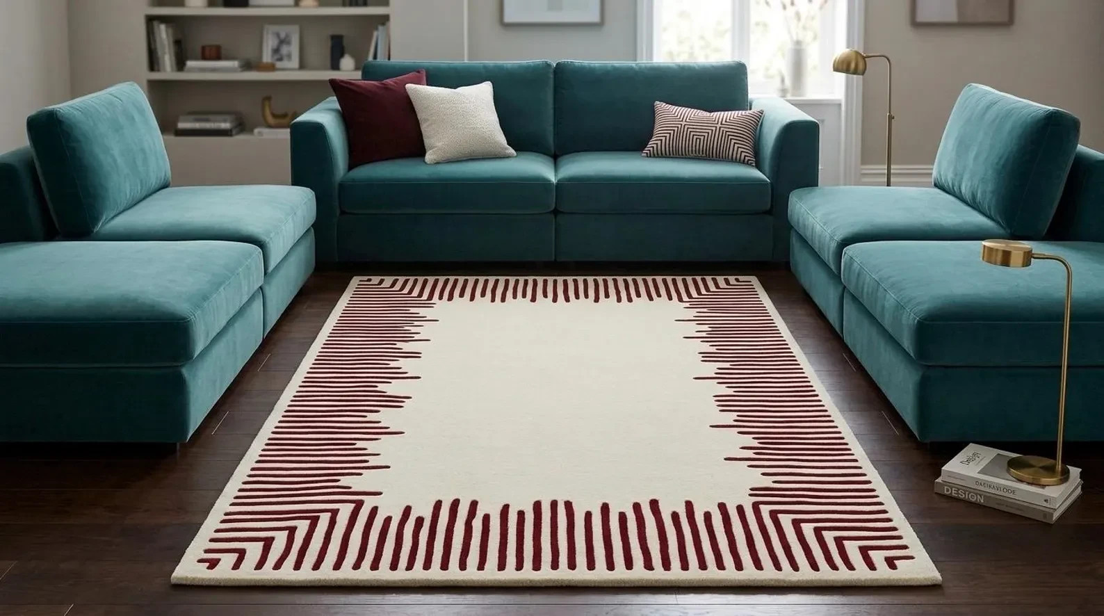 Hand Tufted Wool Rug – Minimalist Red Linear Border Cream Design Carpet Area Rug