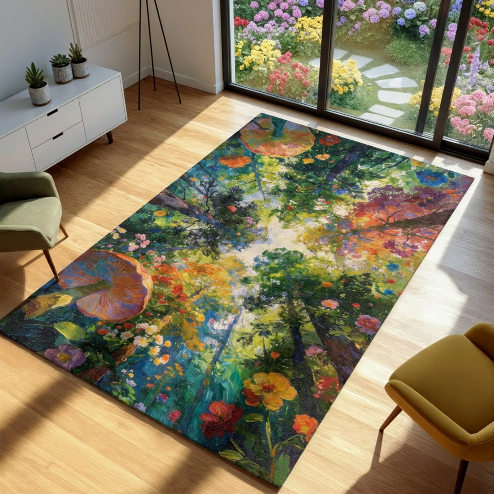 Mushroom Forest Area Rug, Colorful Wildflower Canopy Floor Rug, Cottagecore Boho