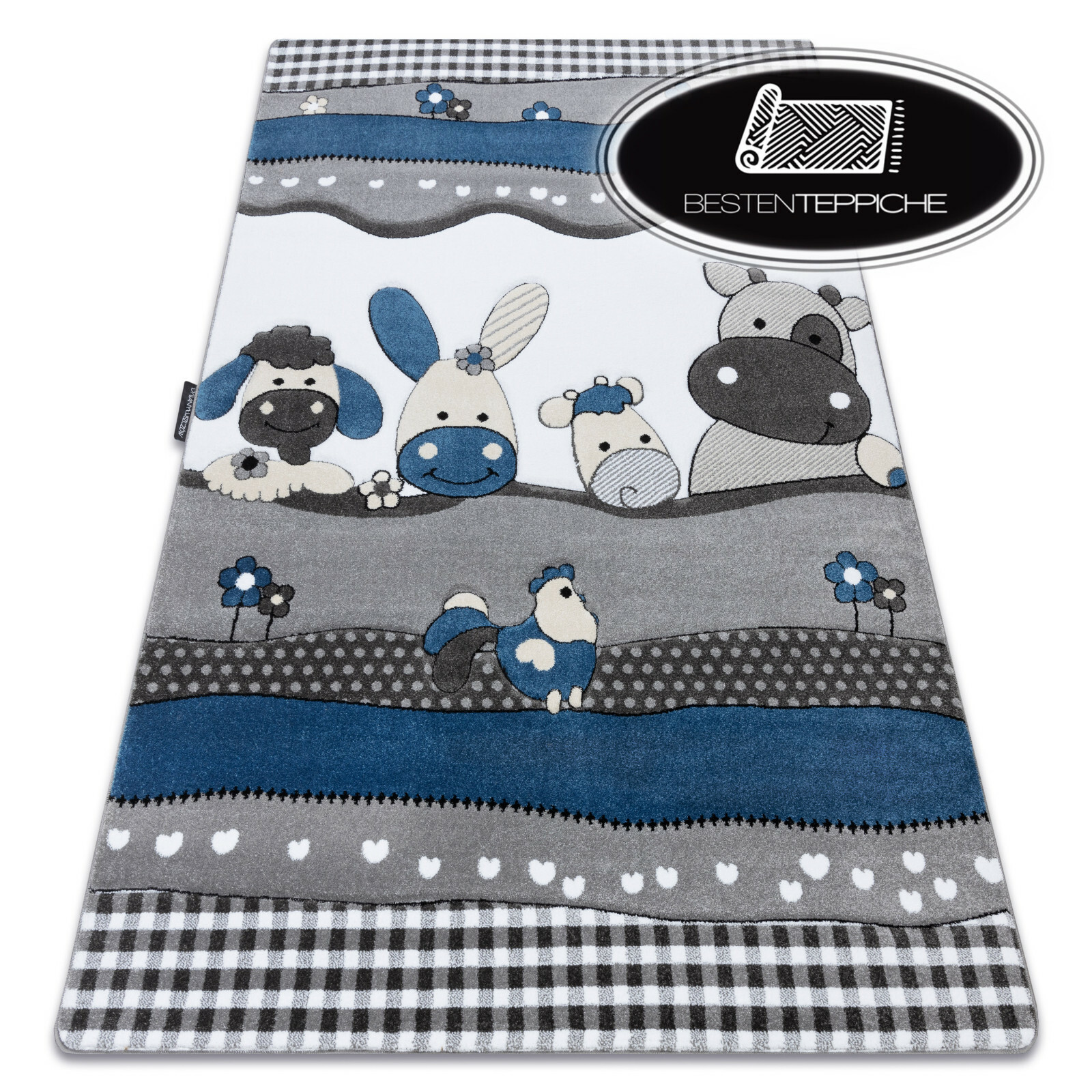 Modern Coloured Rugs Petite Farm Animals Blue Grey for Children Best Quality