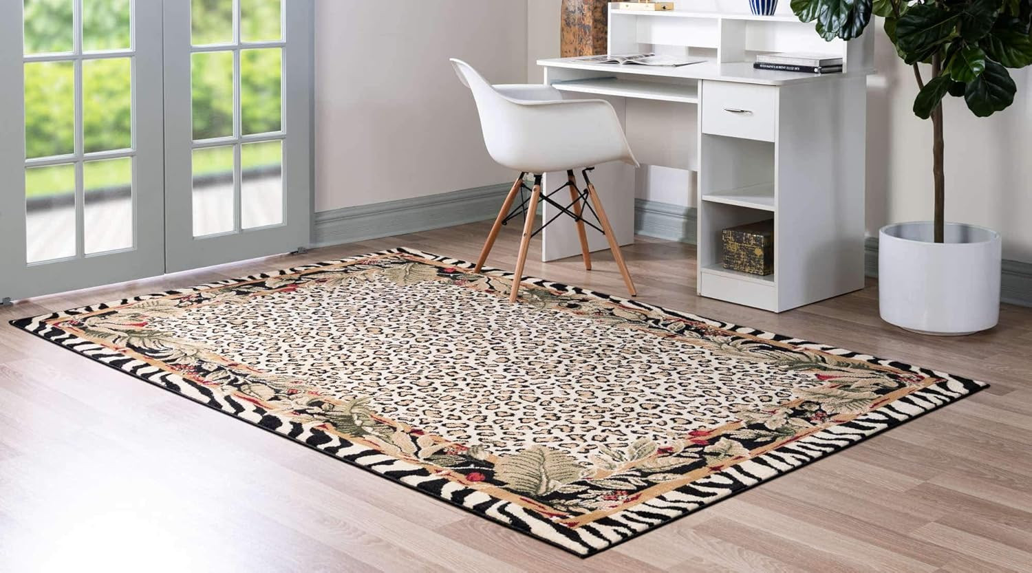 Wildlife Collection Cheetah Border Area Rug, 5′ x 8′, Ivory/Black