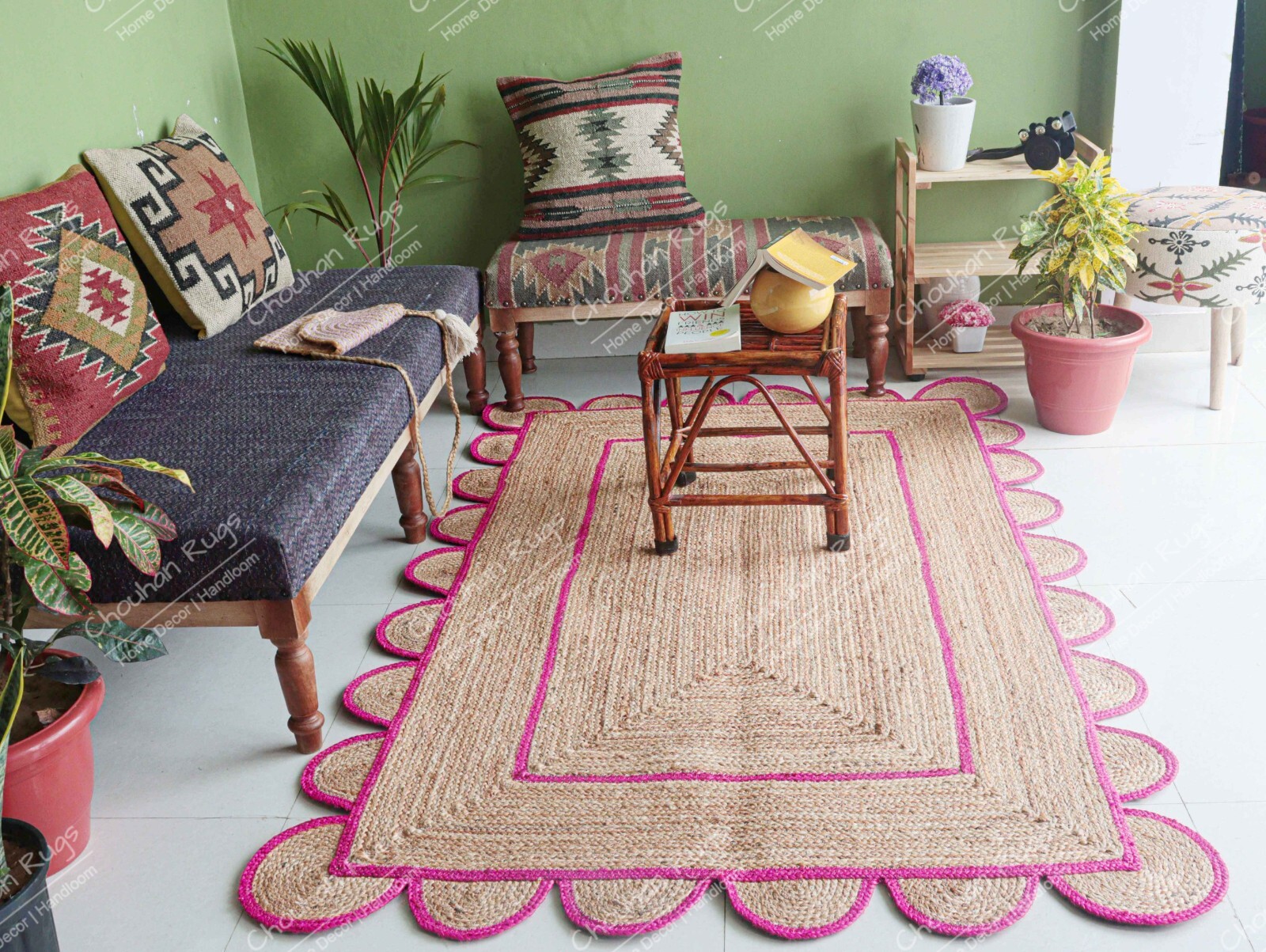 Natural Braided Scalloped Jute Rug Beige & Pink Border Home Décor Living Room